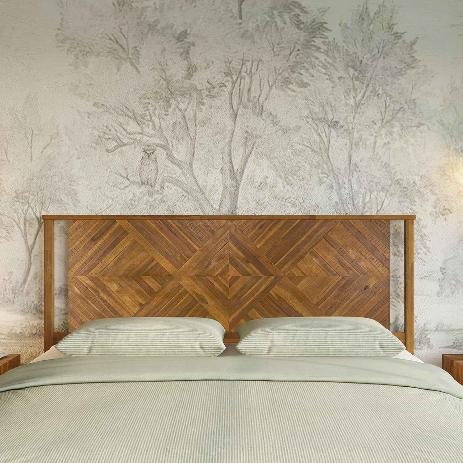 Bme Ethan King Size Diamond Headboard ONLY - Rustic & Mid-Century Modern Style Without Bed Frame - Solid Acacia Wood - Easy Assembly - Rustic Dark Brown