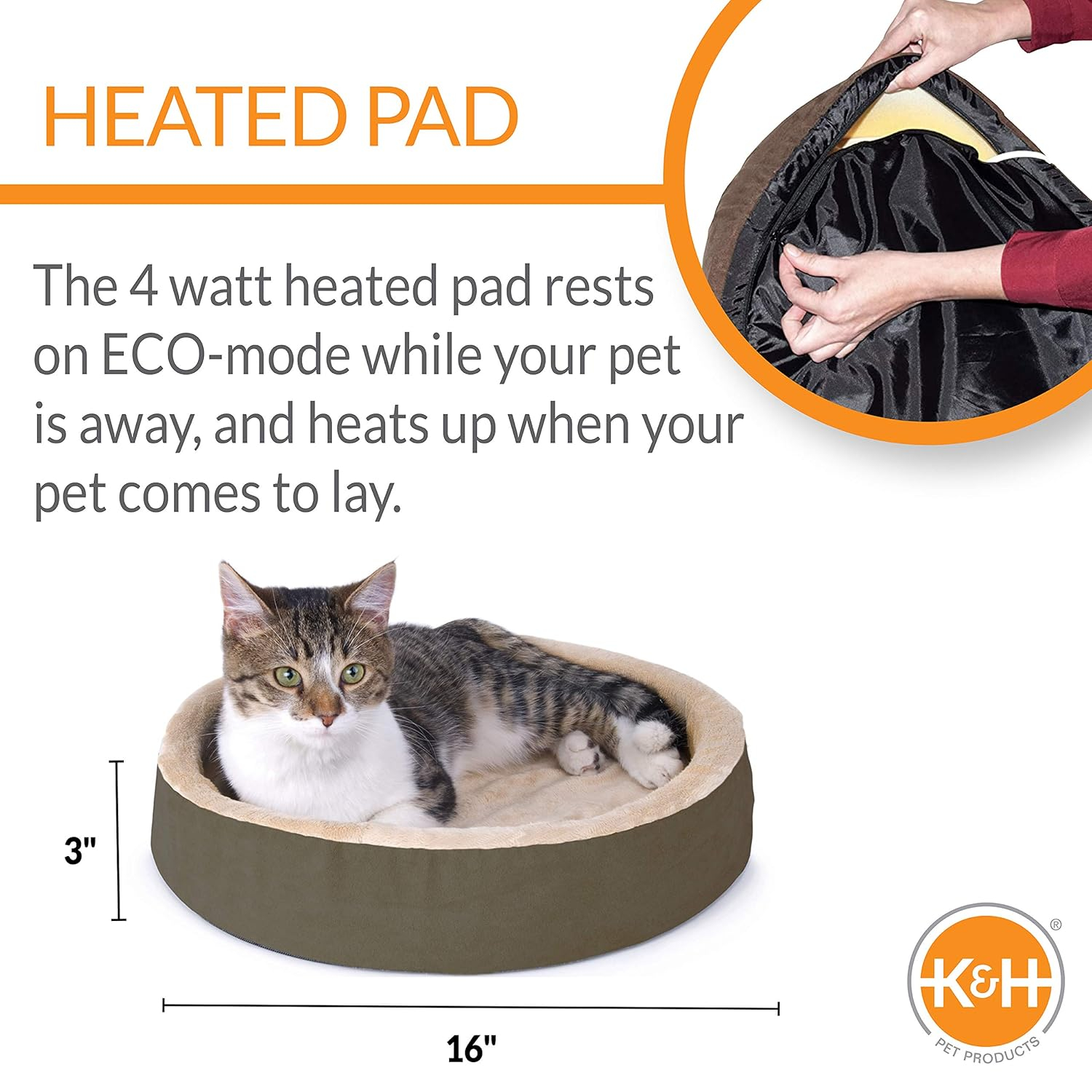 K&H Pet Products Thermo-Kitty Cuddle Up Indoor Heated Cat Bed for Dogs & Cats, Washable Pet Bed, Round Thermal Cat Mat with Short Bolster - Mocha 16 Inches