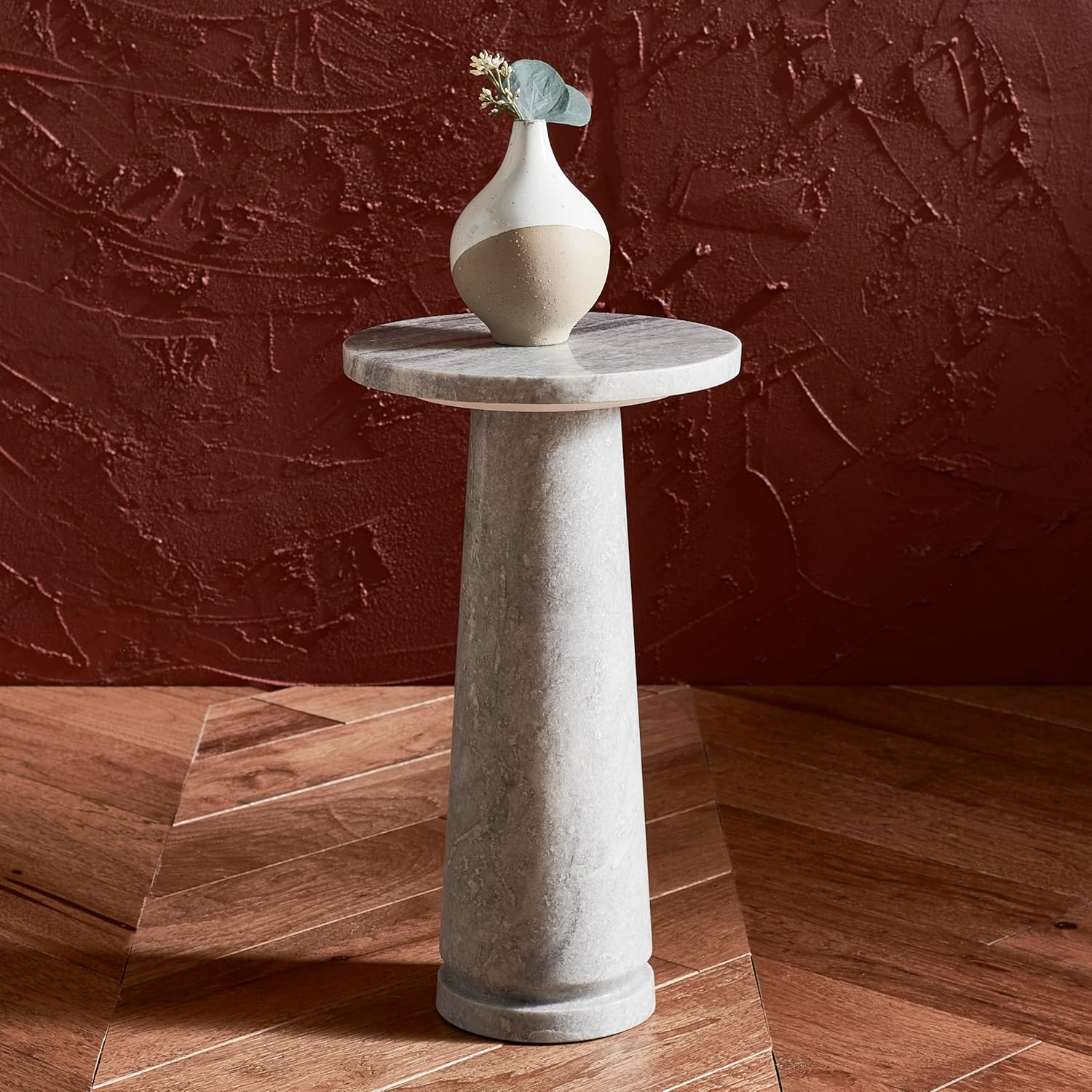 Valentia Light Grey Round Marble Pedestal Accent Table