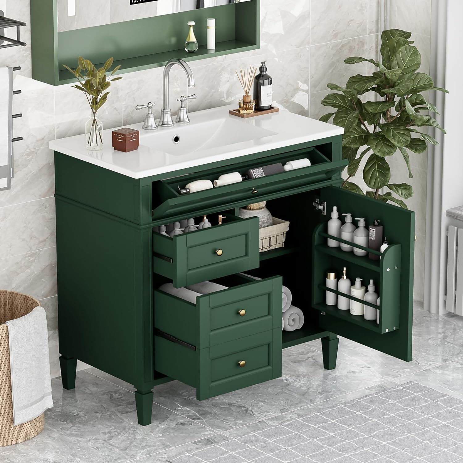 36" Bathroom Vanity with Single Sink Combo, Modern Undermount Bathroom Sink Cabinet with 2 Drawers and a Tip-Out Drawer, Freestanding Bathroom Vanities, Soft Closing, Solid Wood Frame…
