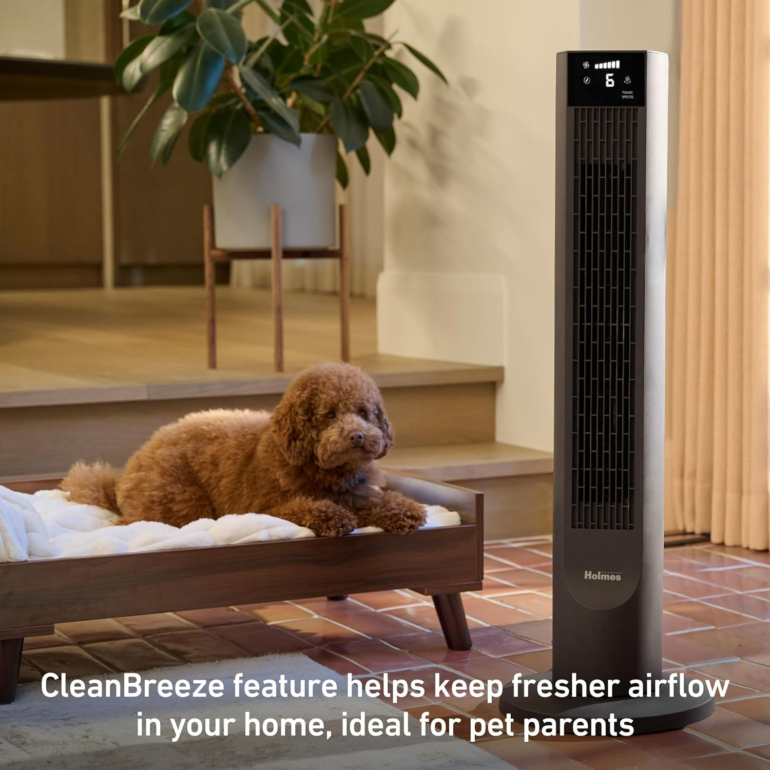 Holmes CleanBreeze 36” High 6-Speed Removable Grill Oscillating Digital Tower Fan with Remote, Black