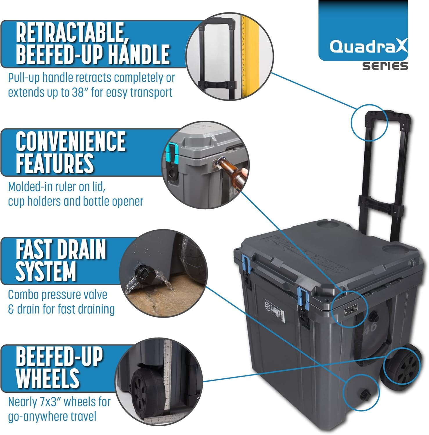 Cubix Outdoors 46 QT QuadraX Wheeled Portable Insulated Hard Cooler - Fits 26 Cans - Granite Gray