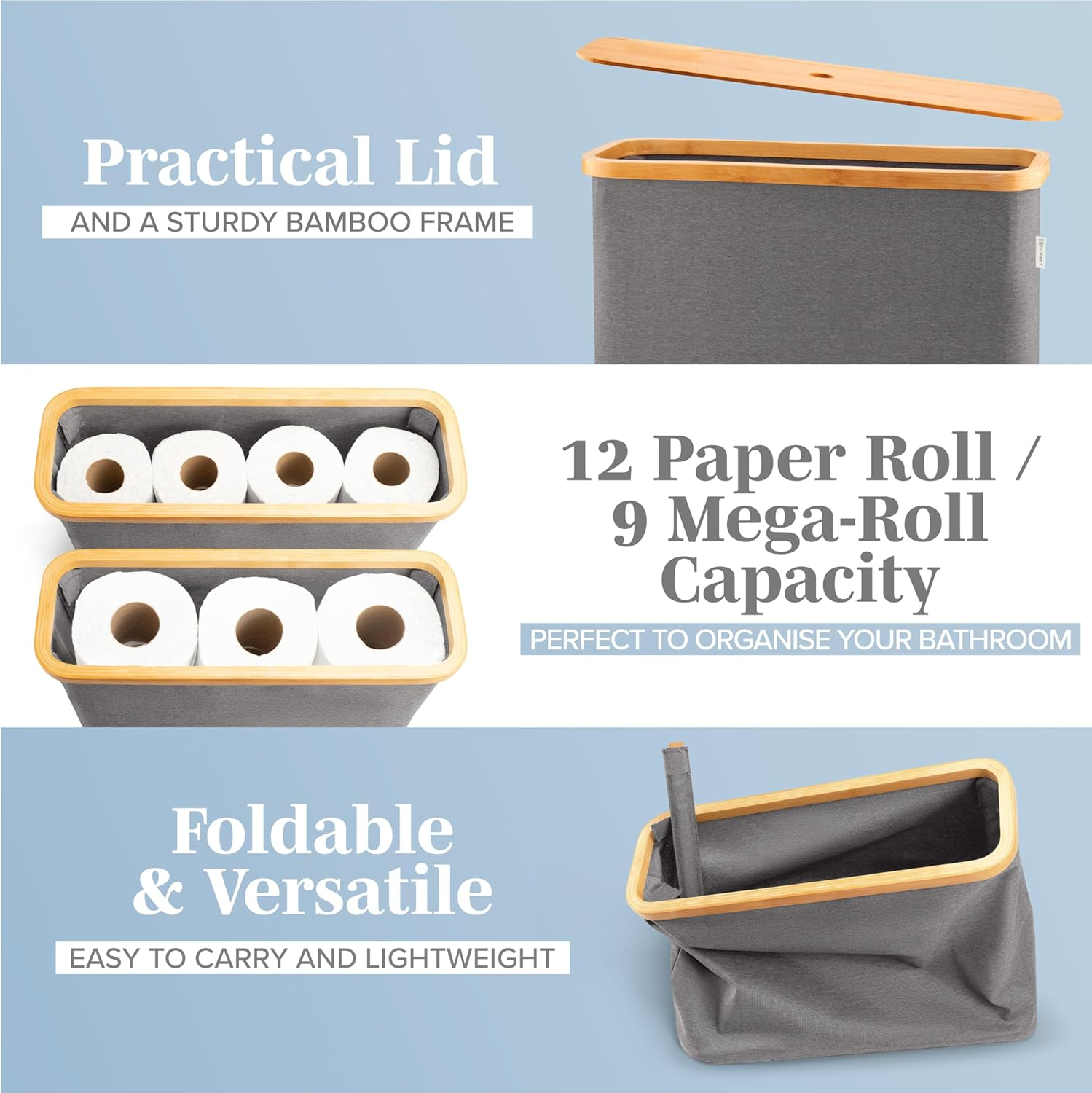 Lonbet Grey Toilet Paper 12 Count Rolls. Regular Size. Ultimate Bathroom Organizer