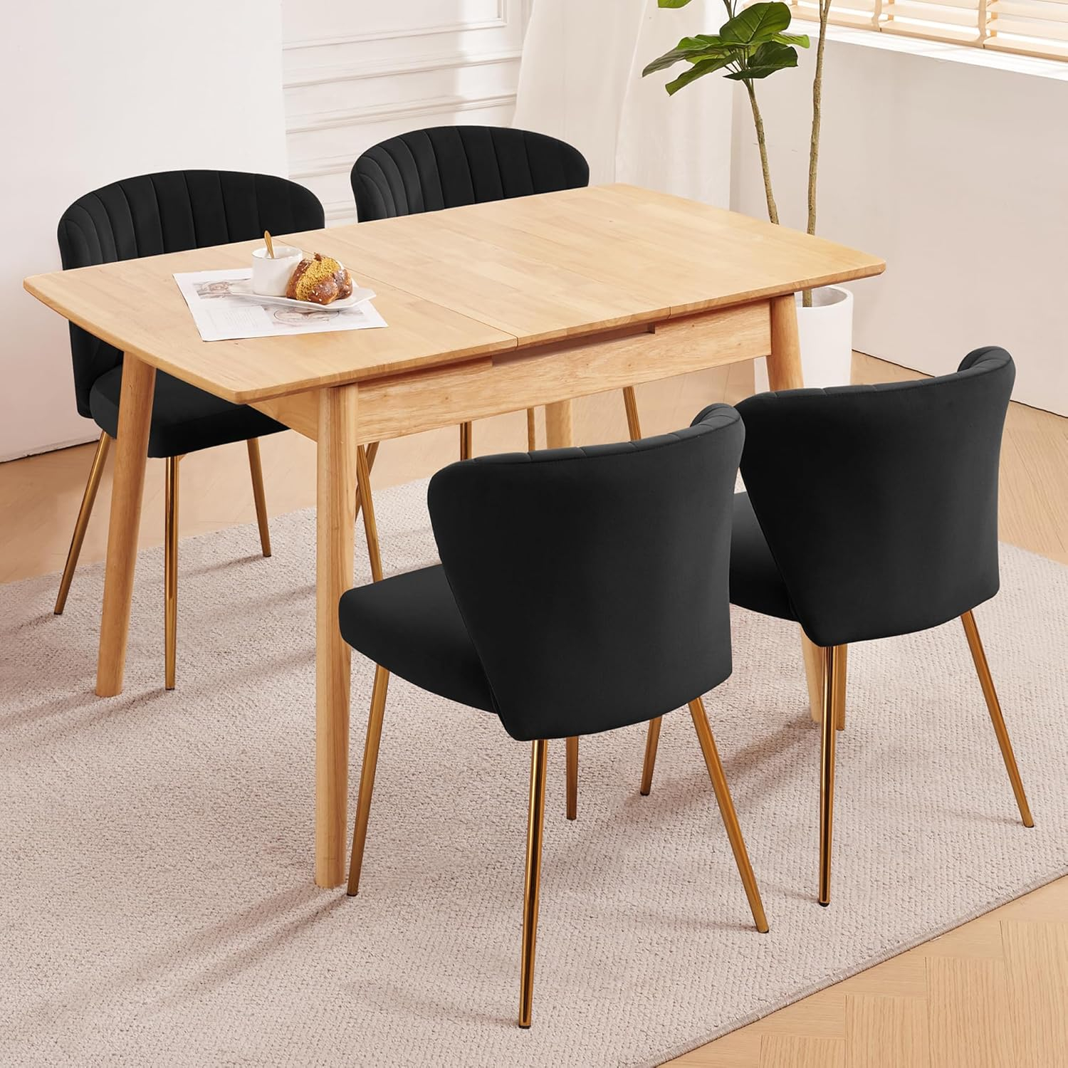 Velvet Dining Chairs Set of 2, Modern Upholstered Vanity Chairs with Golden Metal Legs for Dining Room Kitchen Vanity Patio (Black)