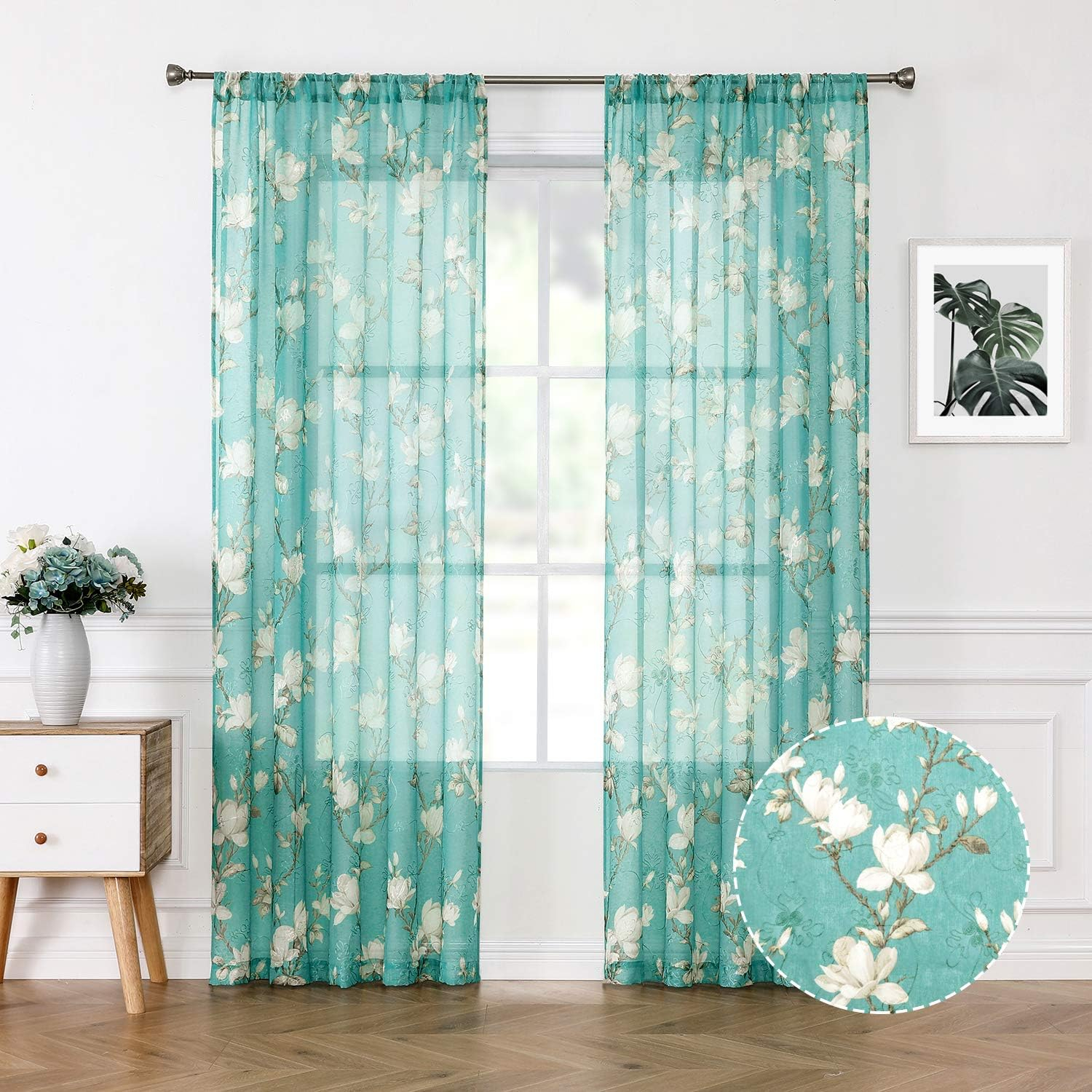 Tollpiz Floral Turquoise Sheer Curtain Flower Print Vine Embroidery Bedroom Curtains Rod Pocket Voile Window Curtain for Living Room, 54 x 95 inches Long, Set of 2 Panels