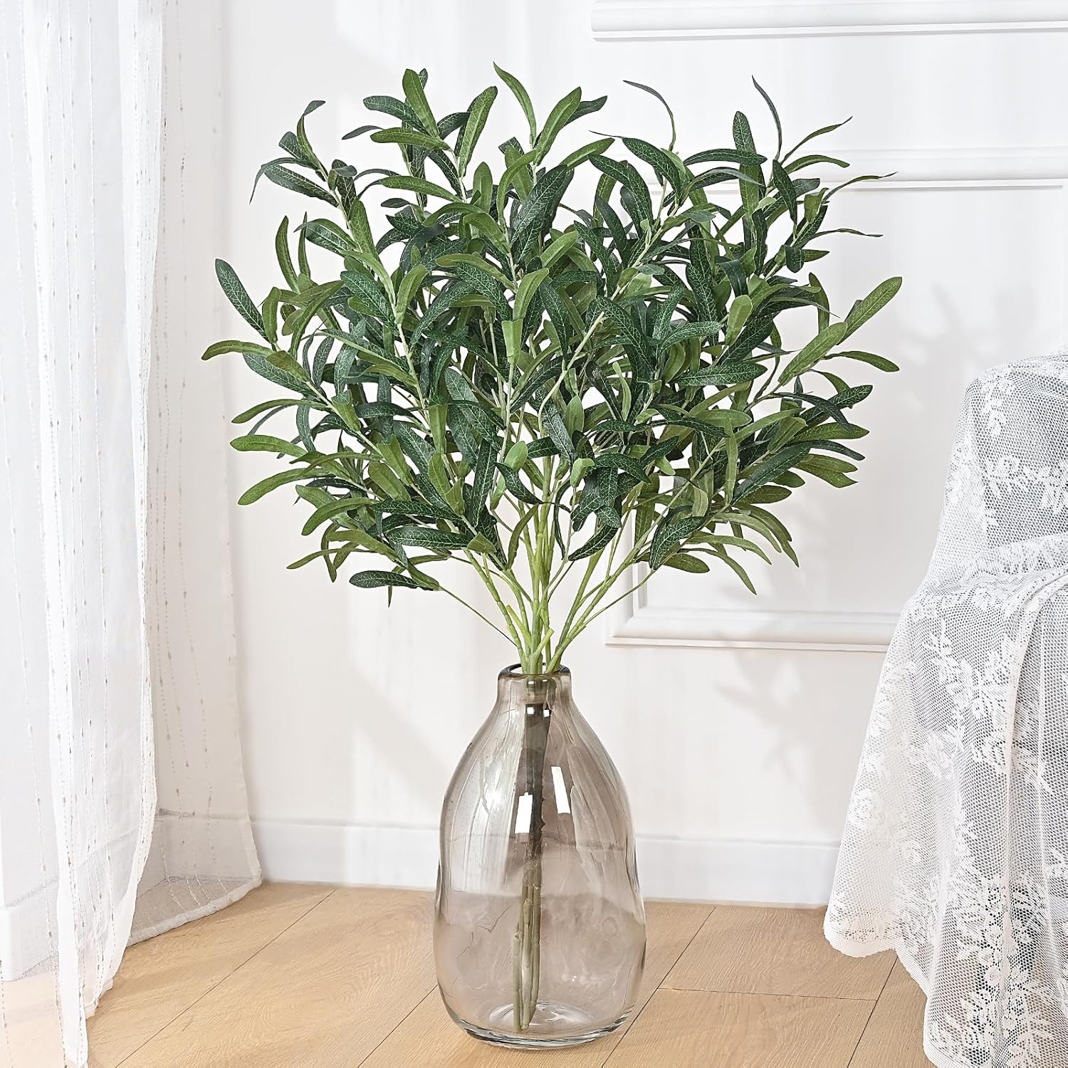 4 Pcs 43.3" Artificial Olive Branches Long Stems Silk Greenery Leaves Tall Fake Plant Greenery Branches Fake Olive Plants for Wedding Party Garden Home Office Indoor Outdoor Decor