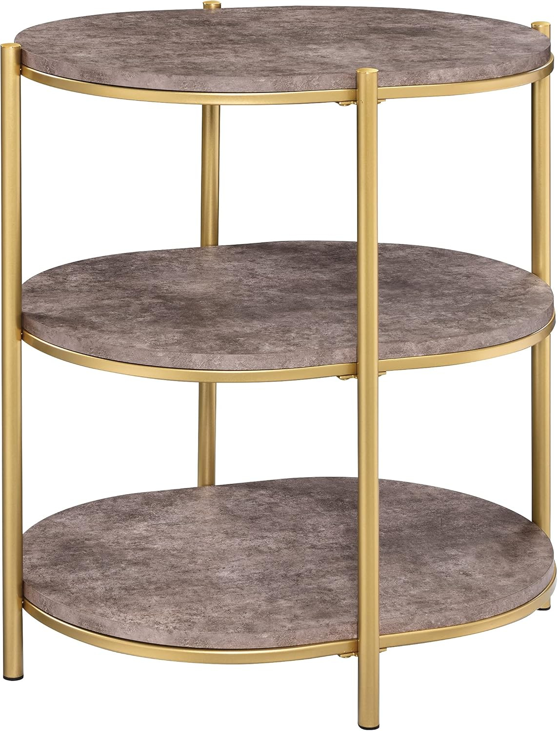 OSP Home Furnishings Renton 3-Tier Oval Side Table, Brown Stone Shelves and Soft Gold Frame