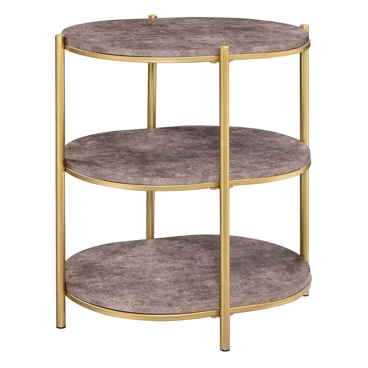 OSP Home Furnishings Renton 3-Tier Oval Side Table, Brown Stone Shelves and Soft Gold Frame