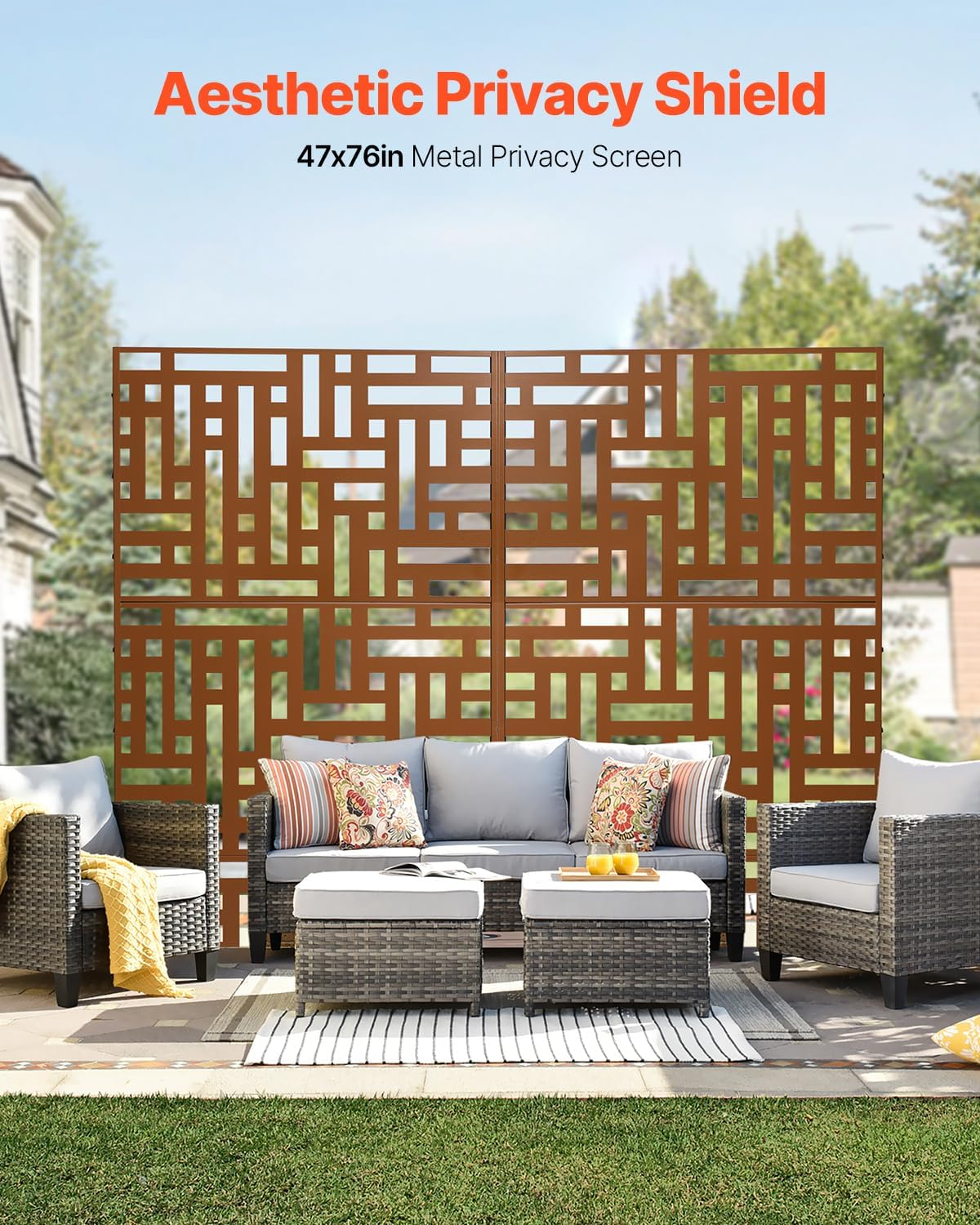 VEVOR Metal Privacy Screen, 47" W x 76" H, Outdoor Privacy Screens 3-Panel, Freestanding Outdoor Divider with Stand, Decorative Garden Steel Privacy Fence for Balcony Patio Indoor Room Hot Tub Brown