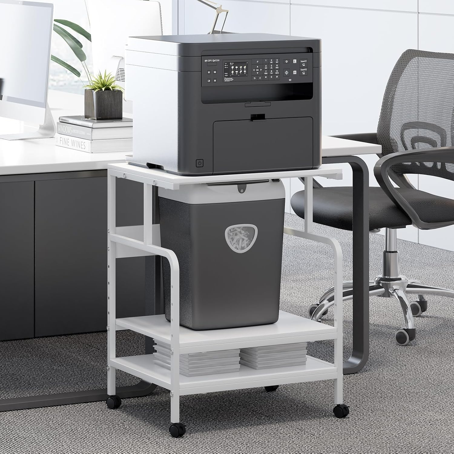 Large Printer Stand with Storage Shelf, 23.6" W x 18.9" D Printer Cart with Wheels, 3 Tier Mobile Printer Table for Home Office,Stands for Printer Heat Press Scanner Fax (White)