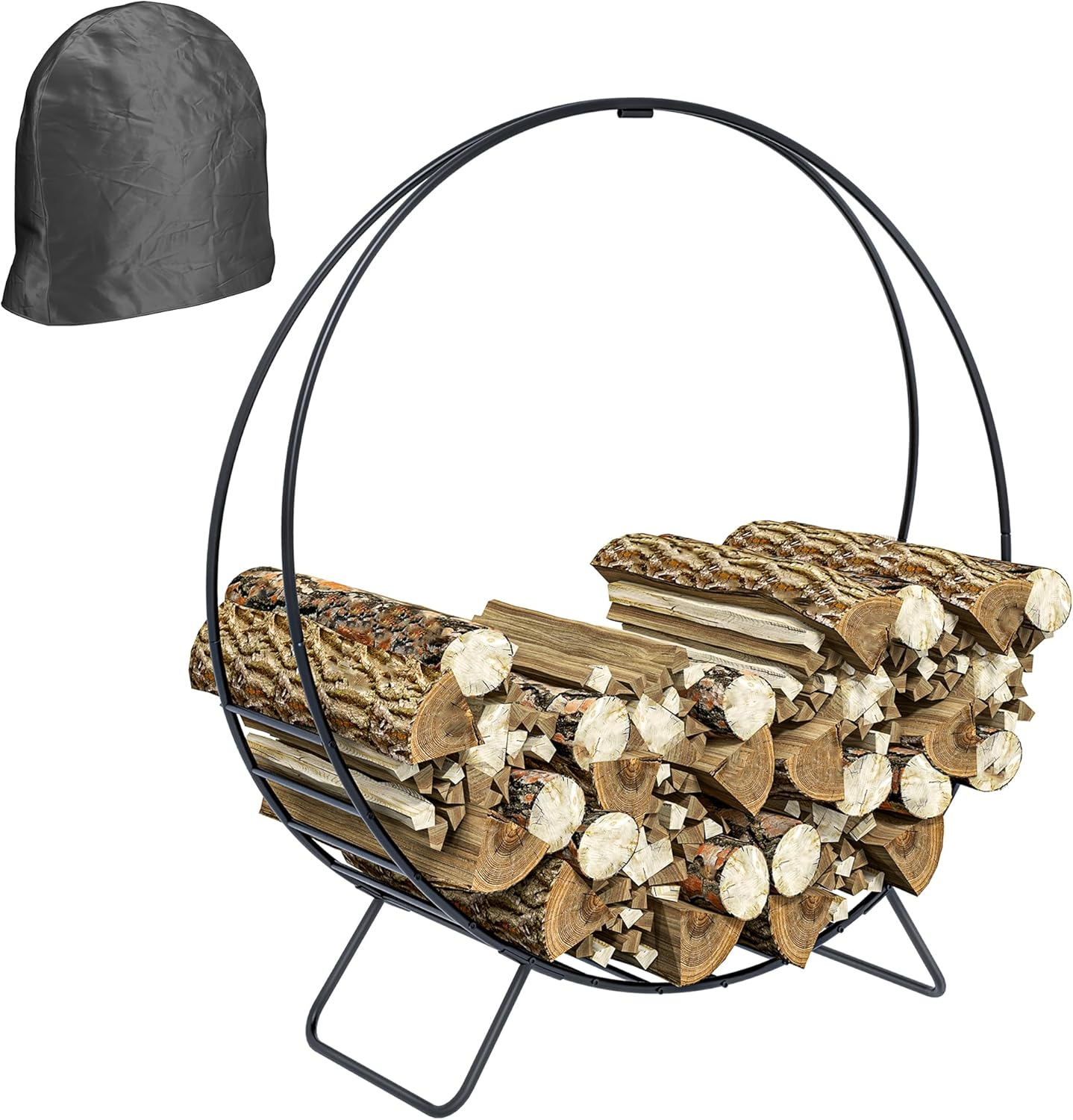 Outsunny 40 Inch Firewood Rack Outdoor Indoor with Zipper Cover, Waterproof Firewood Holder, Heavy Duty Log Holder, Wood Storage Hoop for Fireplace, Firepit, Black