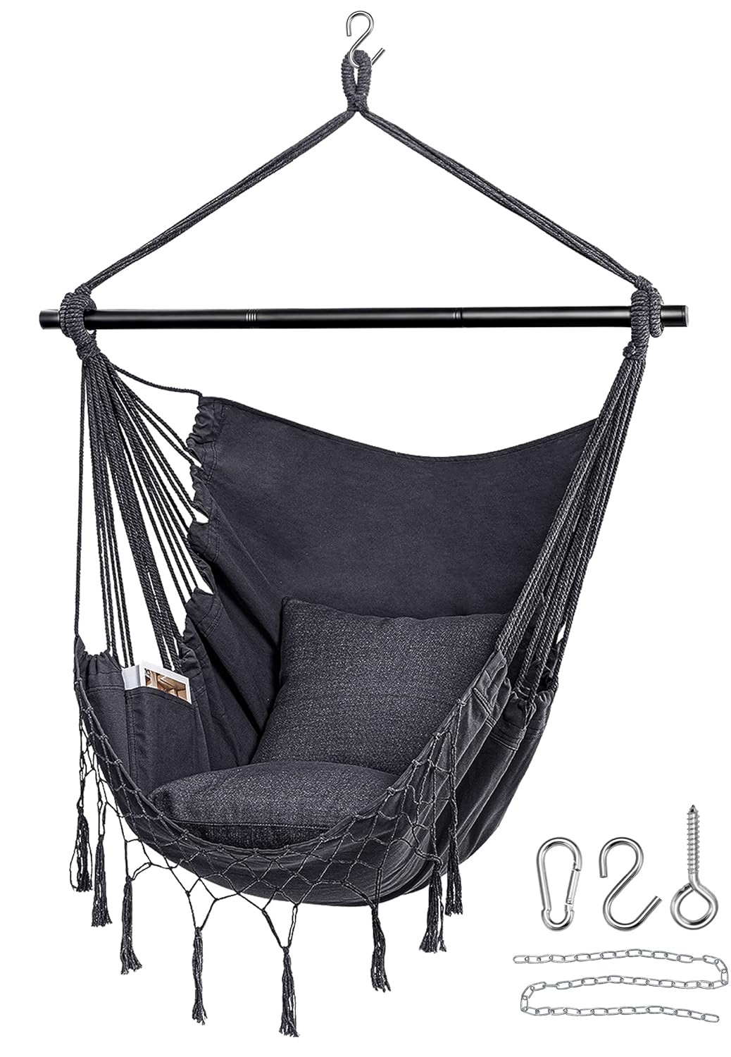 Jelofly Hammock Chair Large Hanging Rope Swing Seat Chair with Pocket Max 350 Lbs Superior Comfortable for Indoor Outdoor Home Bedroom Garden, Seat Cushions Not Included (Dark Grey)