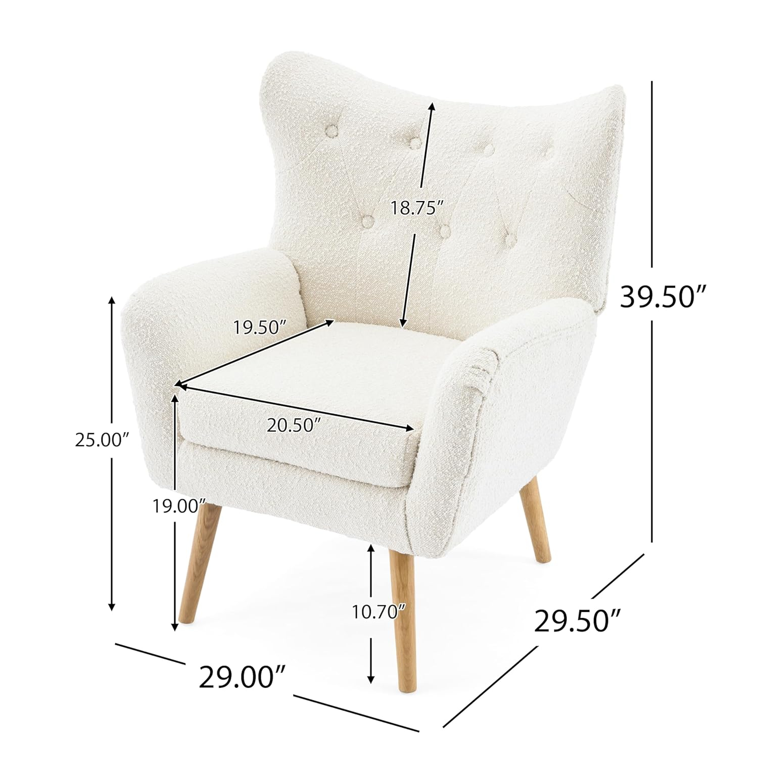 Christopher Knight Home Faschia Mid Century Accent Chair, Boucle Textured Arm Chair, Upholstered Single Sofa, Tufted Reading Chair, Indoor Backrest Chair for Living Room, Home Rest, White + Oak