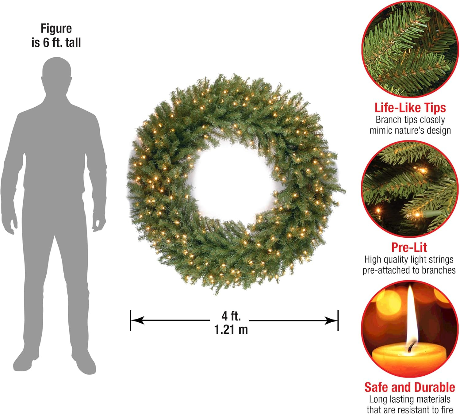 National Tree Company Pre-Lit Artificial Christmas Wreath, Green, Norwood Fir, White Lights, Christmas Collection, 48 Inches