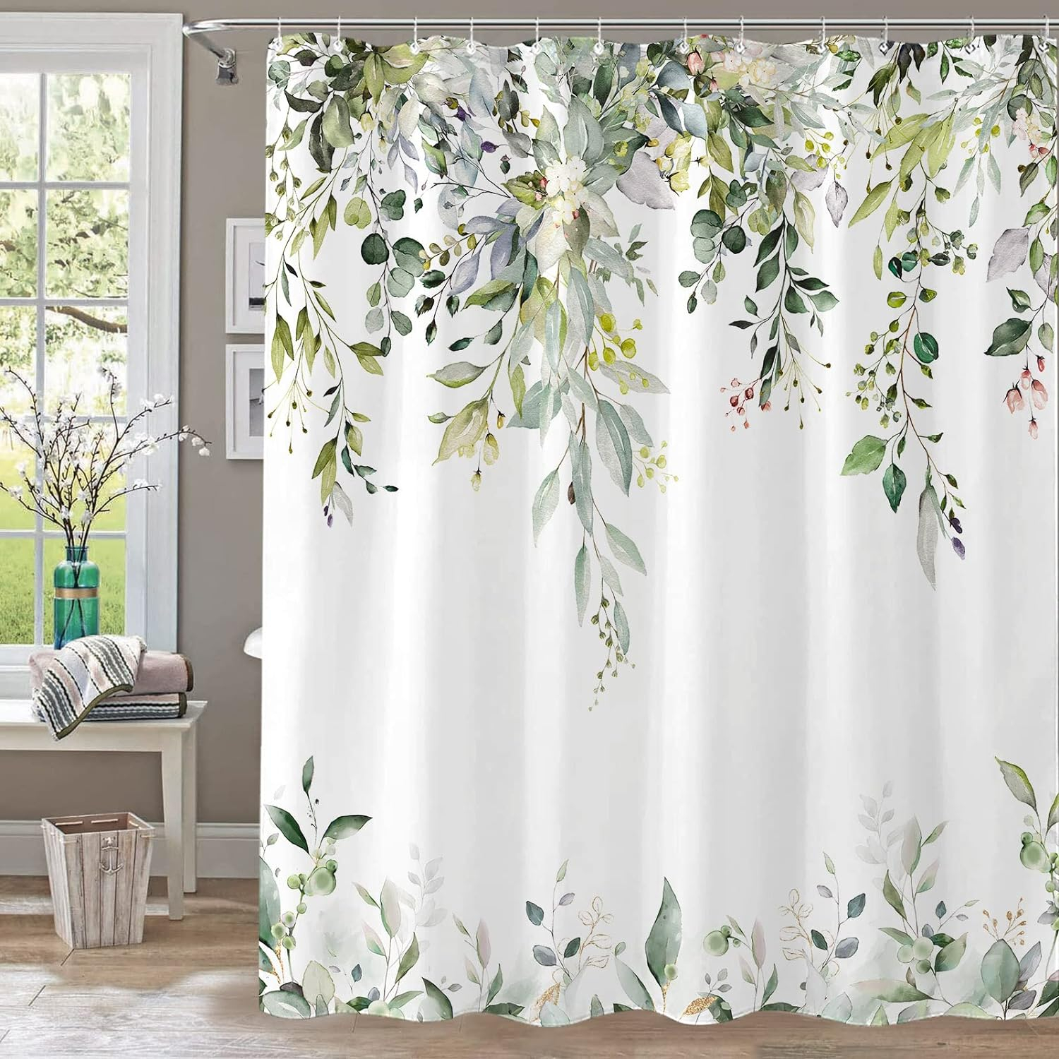 kampdream Eucalyptus Plant Rustic Shower Curtain, Watercolor Leaves On The Top Country Farm House Shower Curtain, Spring Botanical Bathroom Curtain 72 ×72 Inch