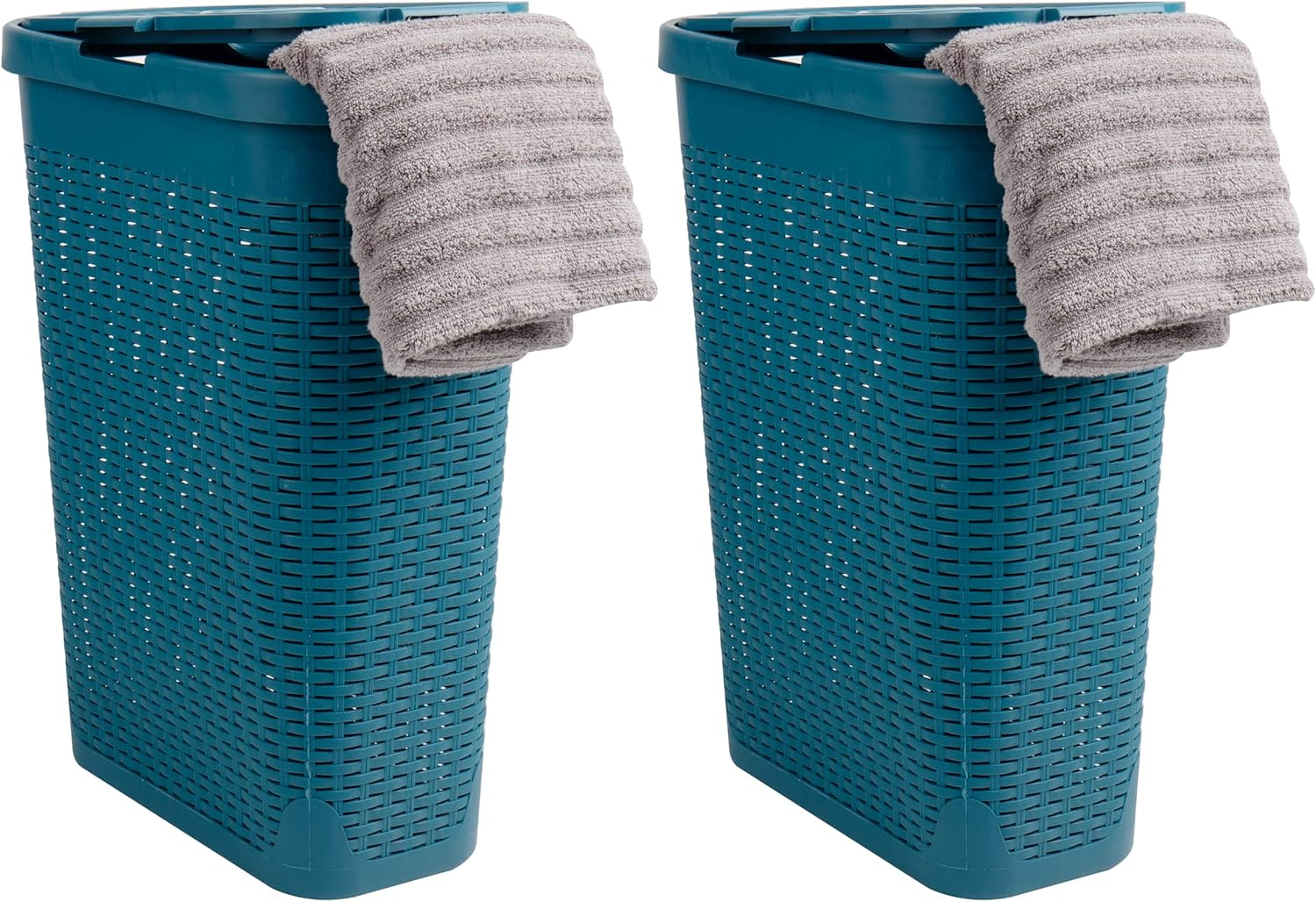 Mind Reader 40L Slim Laundry Hamper, Clothes Basket, Lid, Wicker Design, Plastic, 18"L x 10.4"W x 23.5"H, Set of 2, Blue