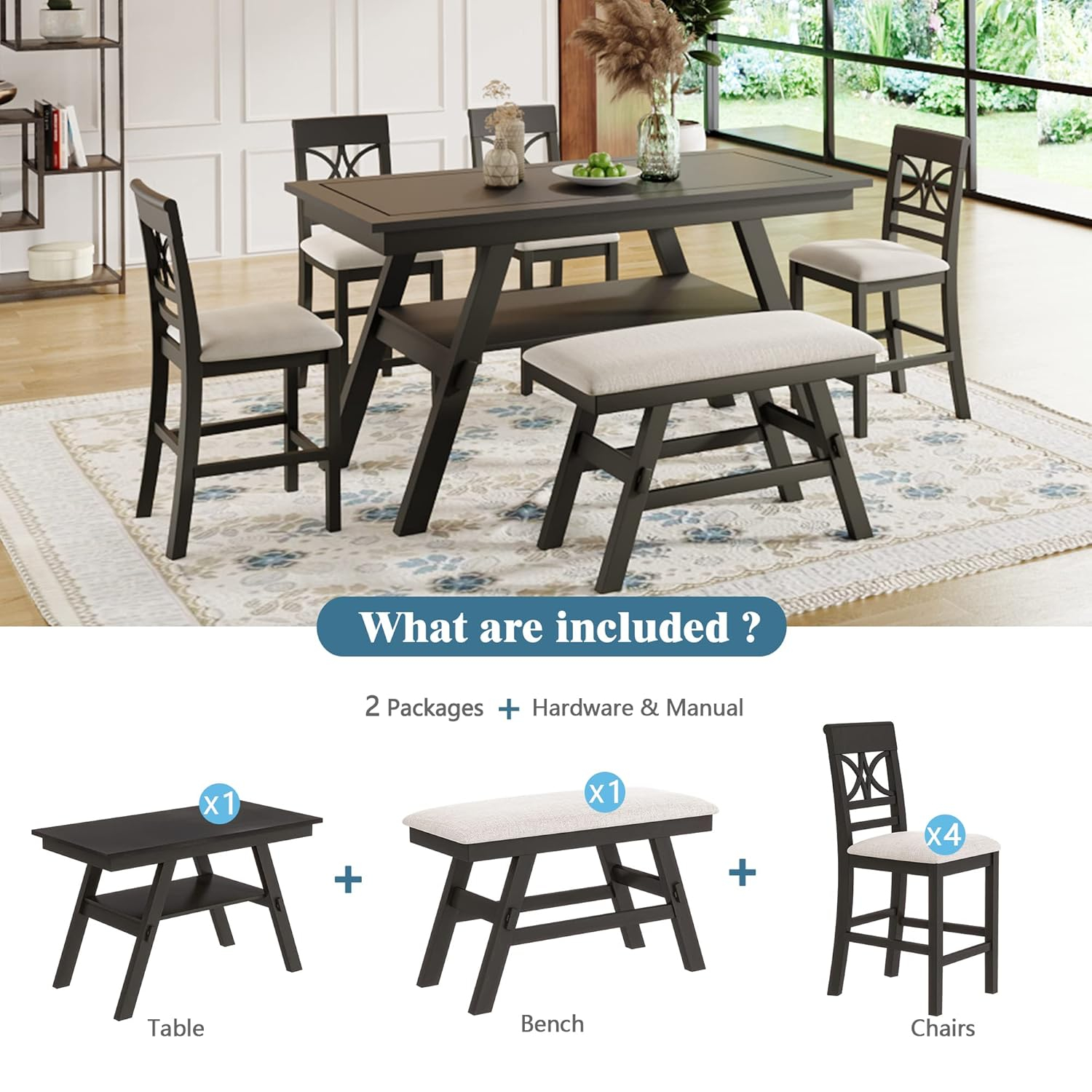 6-Piece Wood Counter Height Dining Table Set with Storage Shelf, 4 Beige Cushion Chairs and Bench, Rustic Style, Espresso