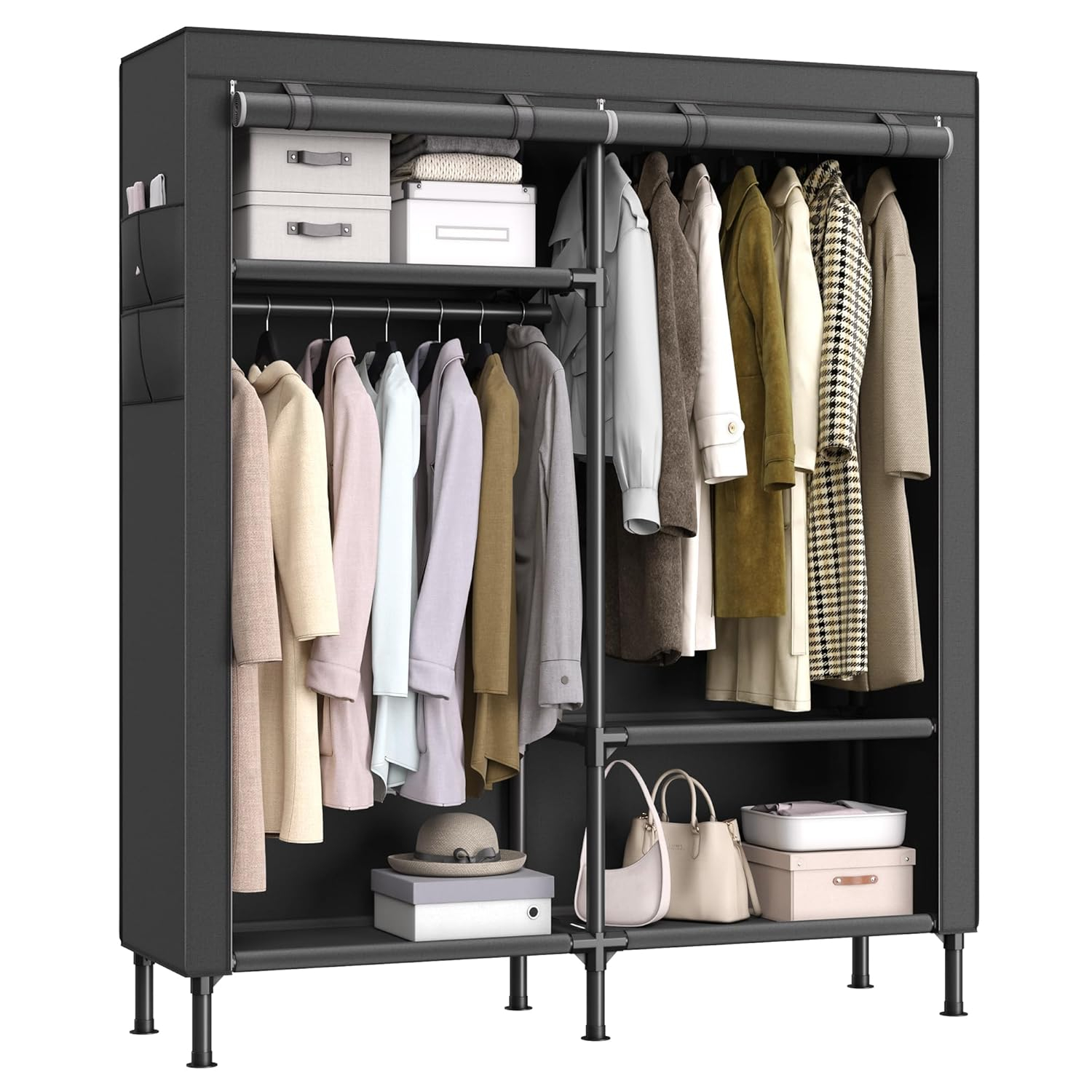 SONGMICS Wardrobe Closet, 65 Inch Heavy Duty Portable Closet, Freestanding Closet Organizer, Clothes Rack with Cover, 2 Hanging Rails, 3 Shelves,4 Side Pockets,Black URDR301B02
