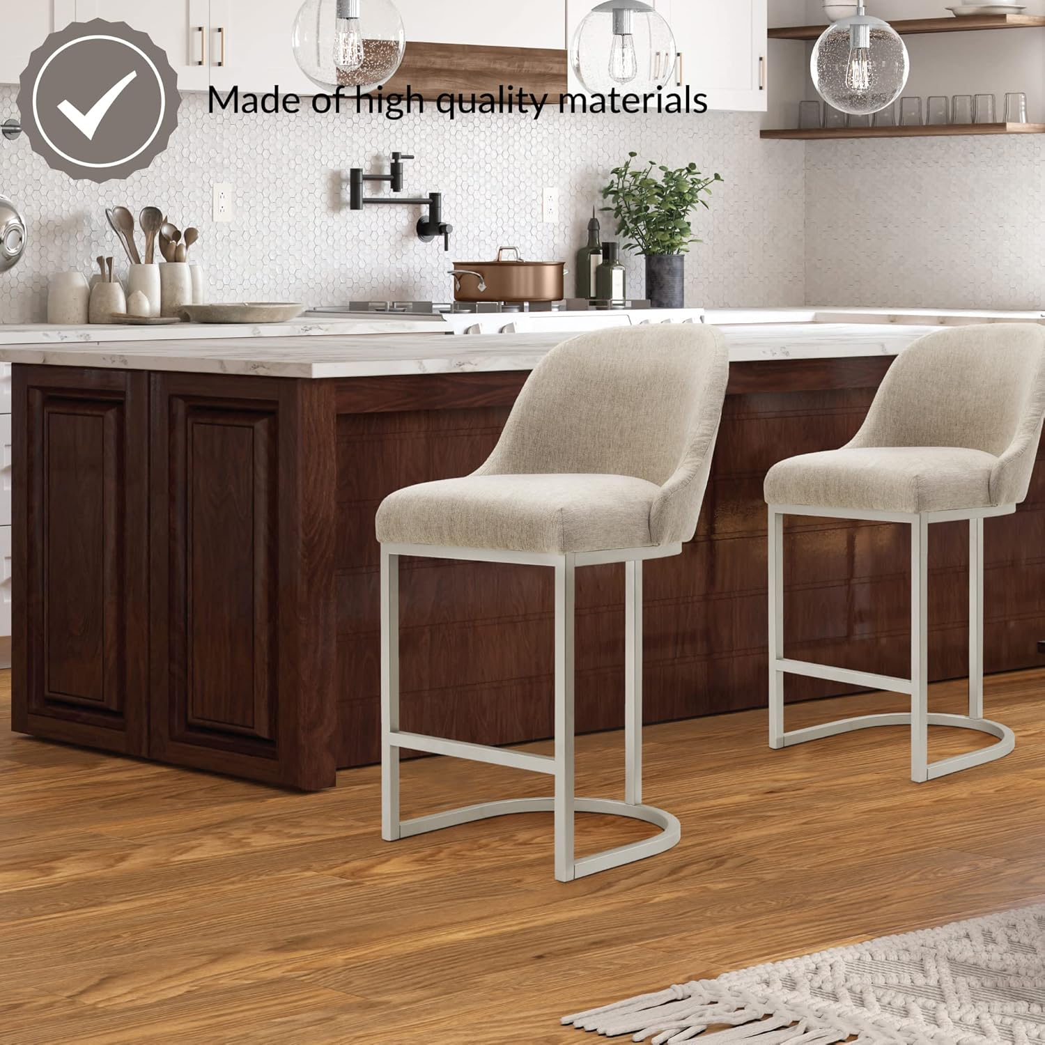 Leick Home Barrelback Counter Stool with Oatmeal Seat and Pewter Metal Base, Set of 4