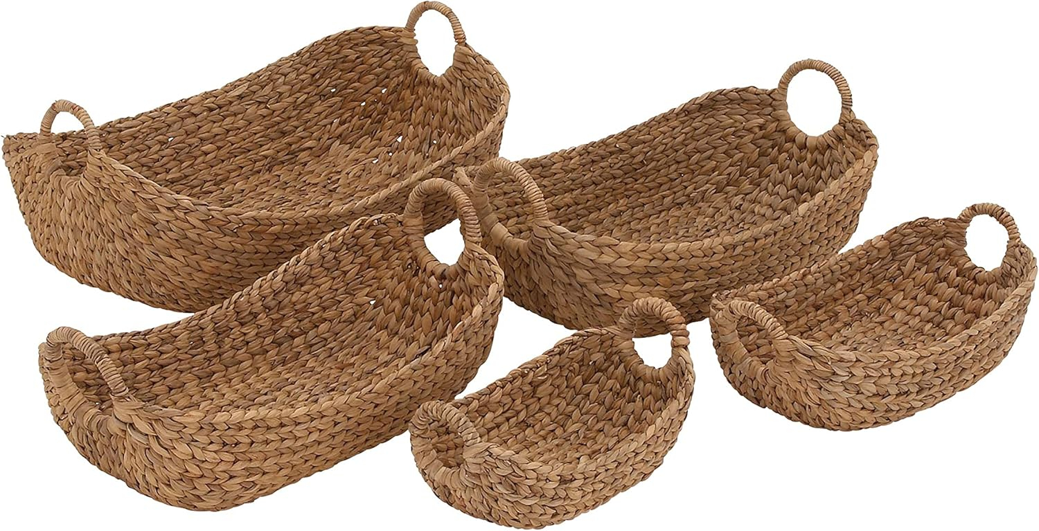 DecMode 23", 21", 19", 16", Brown Seagrass Handmade Storage Basket with Metal Handles, 5-Pieces