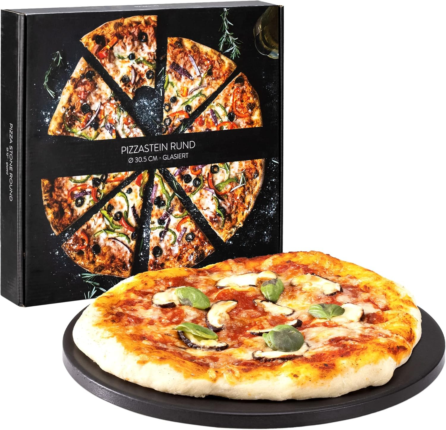 Navaris XL Pizza Stone for Baking - Glazed Square Cordierite Stone Plate for BBQ Grill Oven, Bake Serve Bread - Incl. Recipe Book - 15" x 11.8" x 0.6"