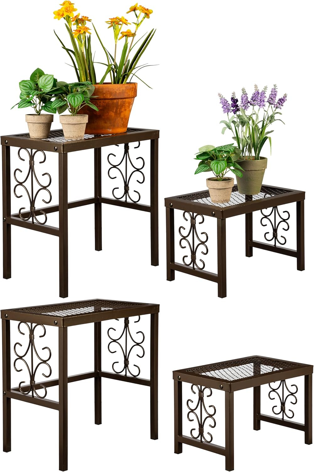 Evergreen Garden Nesting Plant Stands Indoor/Outdoor, Metal Plant Stand for Patio, Porch, Garden, Corner Plant Stands for Indoor Plants (Montebello, Set of 4)
