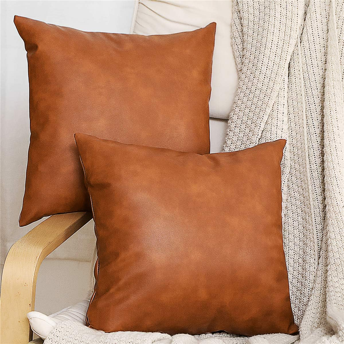 SEEKSEE Faux Leather Lumbar Pillow Cover 12x20 inch, Modern Country Style Decorative Lumbar Pillow for Bedroom Living Room Sofa Brown Accent Pillows.
