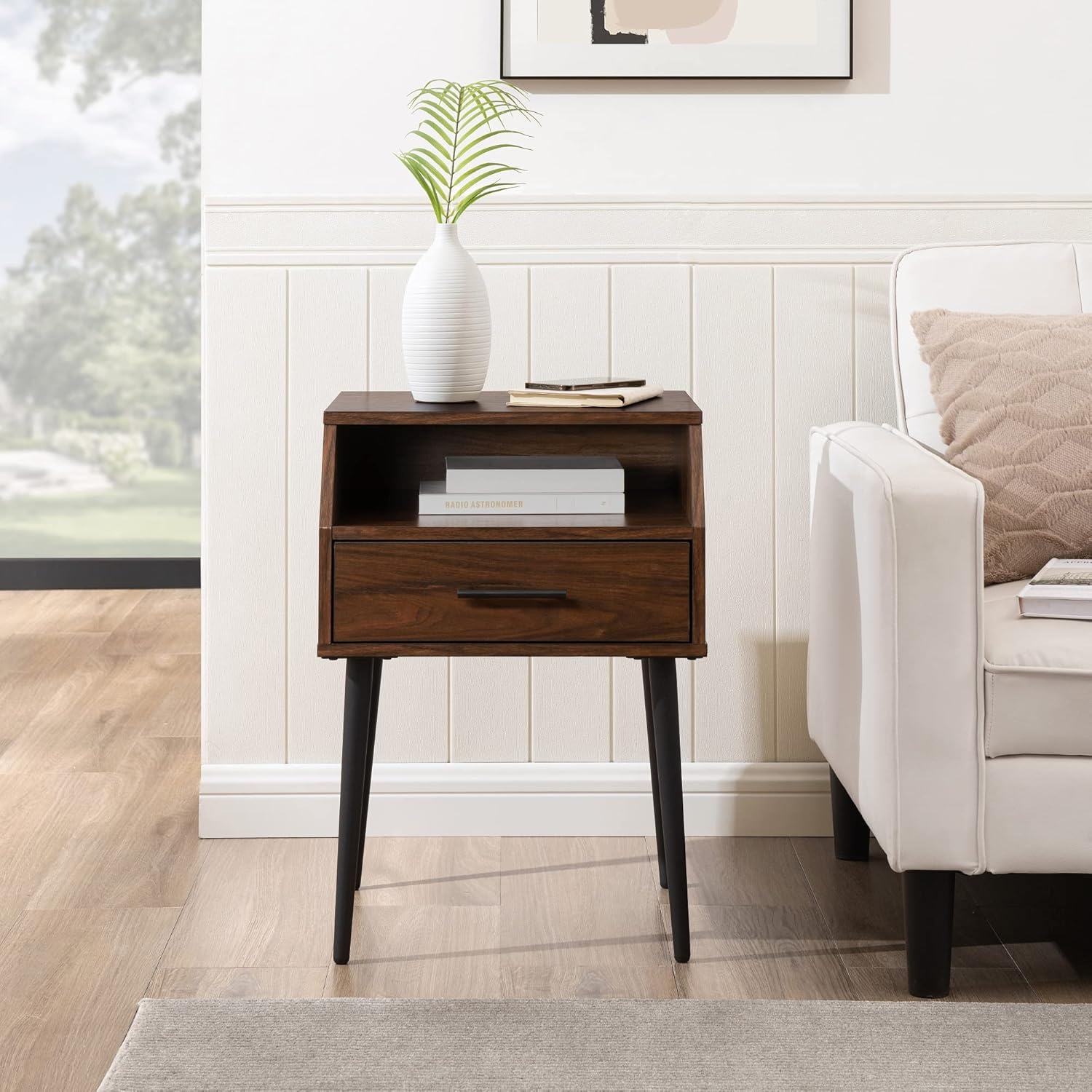 18" 1-Drawer Contemporary Wood Side Table with Storage - Dark Walnut / Black