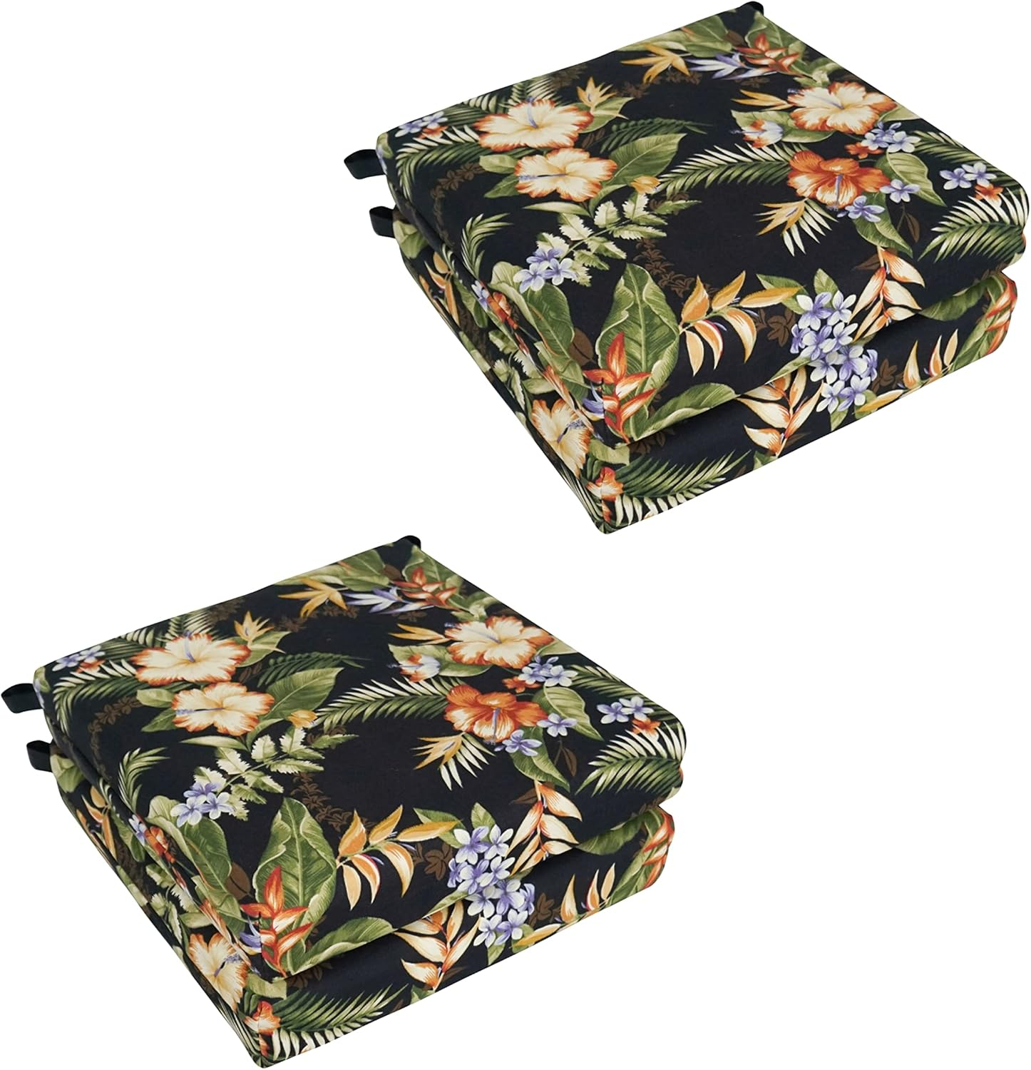 Set of 4 Black Floral Polyester Outdoor Chair Cushions