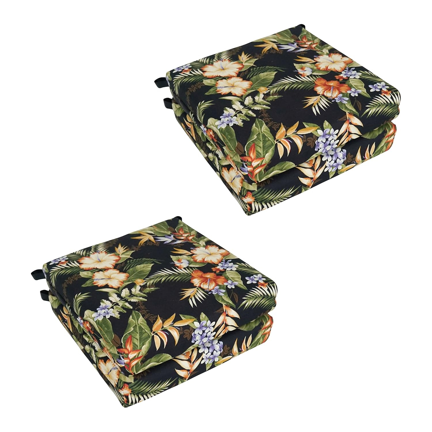 Set of 4 Black Floral Polyester Outdoor Chair Cushions