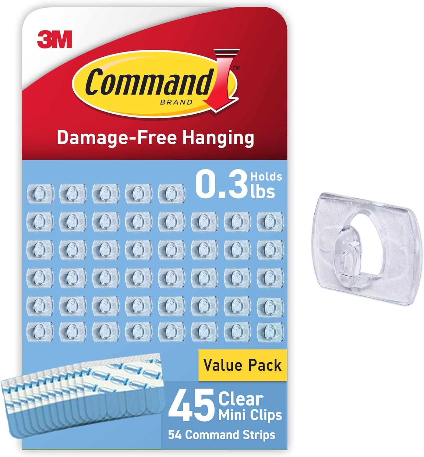 Command Clear Mini Light Clips, 45 Clips, 54 Strips - Easy to Open Packaging, Decorate Damage-Free