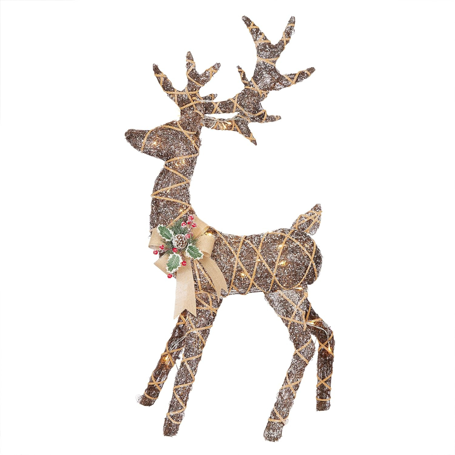 Twig with Natural Rattan Wrapped Reindeer and Warm White LED