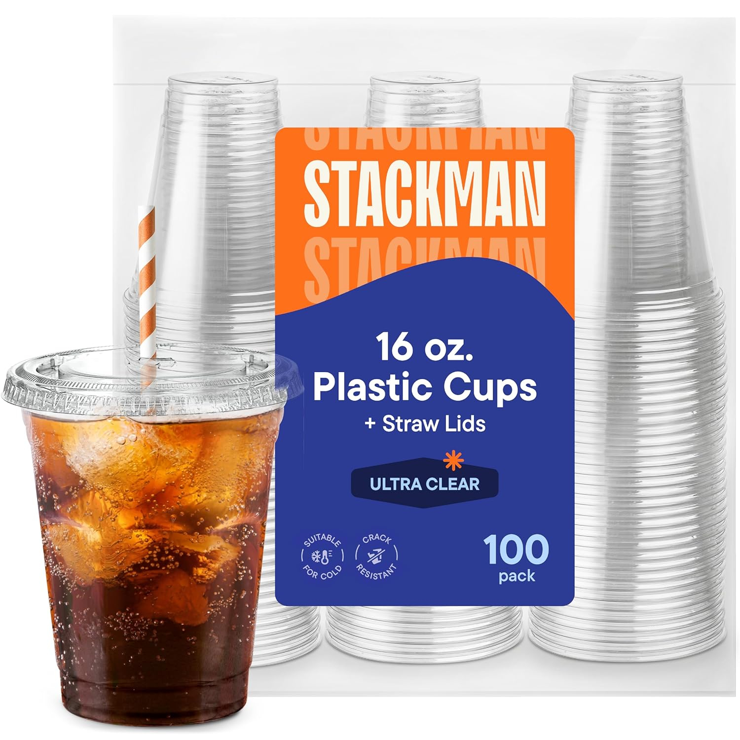 Stack Man Clear Plastic Cups with Lids 12 oz [100 Sets] Disposable Iced Coffee Cups with Straw Lids