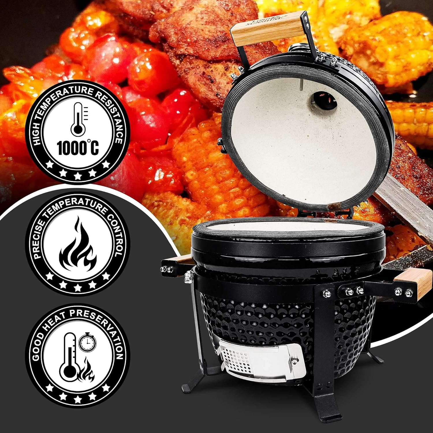 Ceramic BBQ Charcoal Kamado Grill 13 inch Portable Tabletop BBQ Grill with Stainless Steel Grates Black, Black