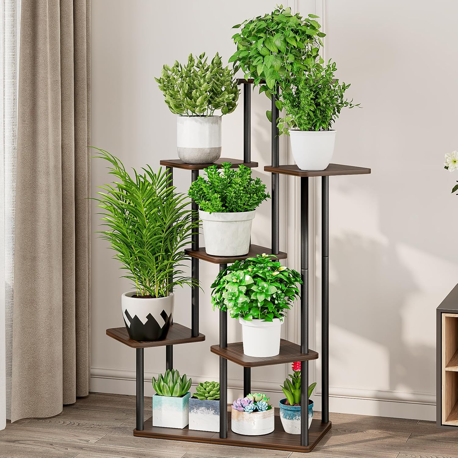 AZERPIAN Plant Stand 7 Tier Indoor Metal Flower Shelf for Multiple Plants Corner Tall Flower Holders for Patio Garden Living Room Balcony Bedroom, Black Oak