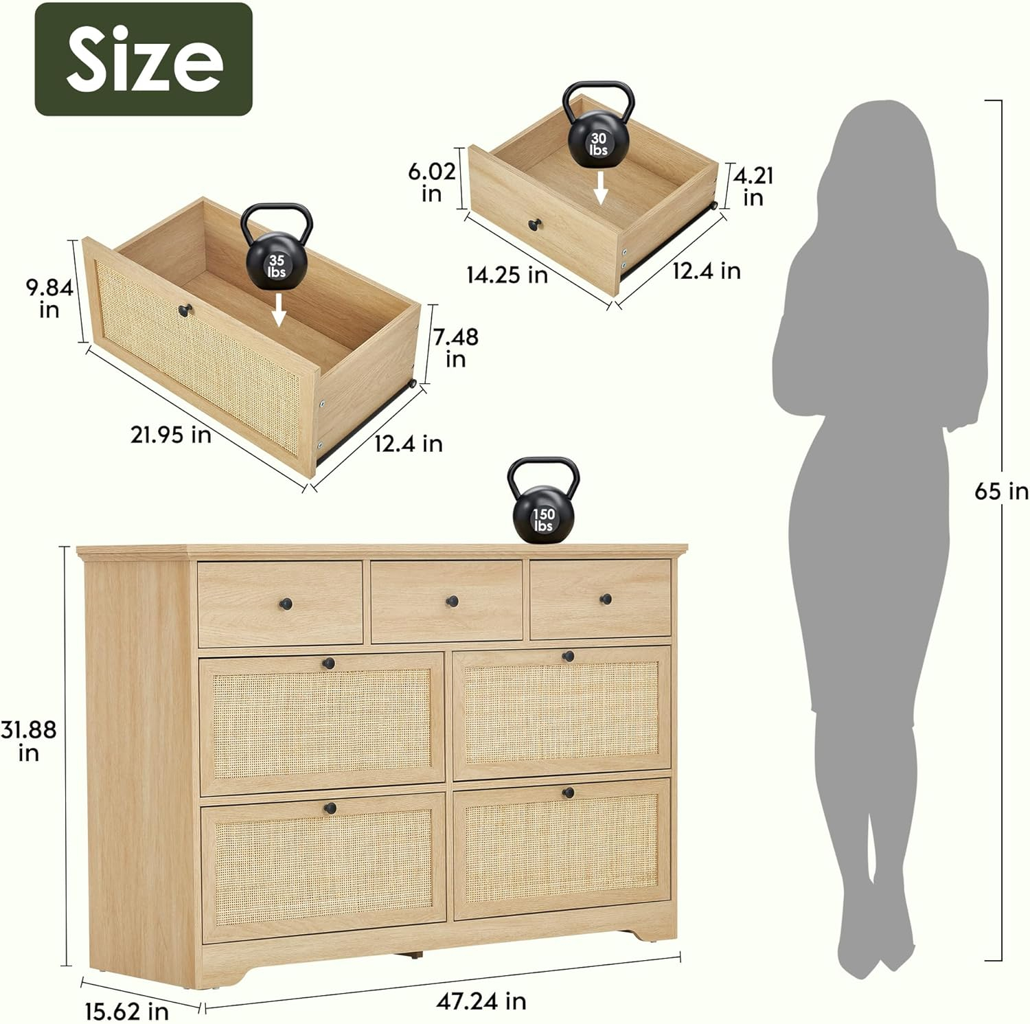 Yechen 7 Drawers Natural Rattan Dresser for Bedroom, Mid-Century Modern Natural Wood Dressers with Elegant Tabletop, Boho Chest of Drawers TV Stand with Sturdy Base for Living Room, Baby Nursery