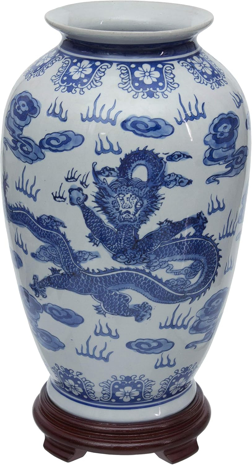 14" Dragon Blue & White Porcelain Tung Chi Vase