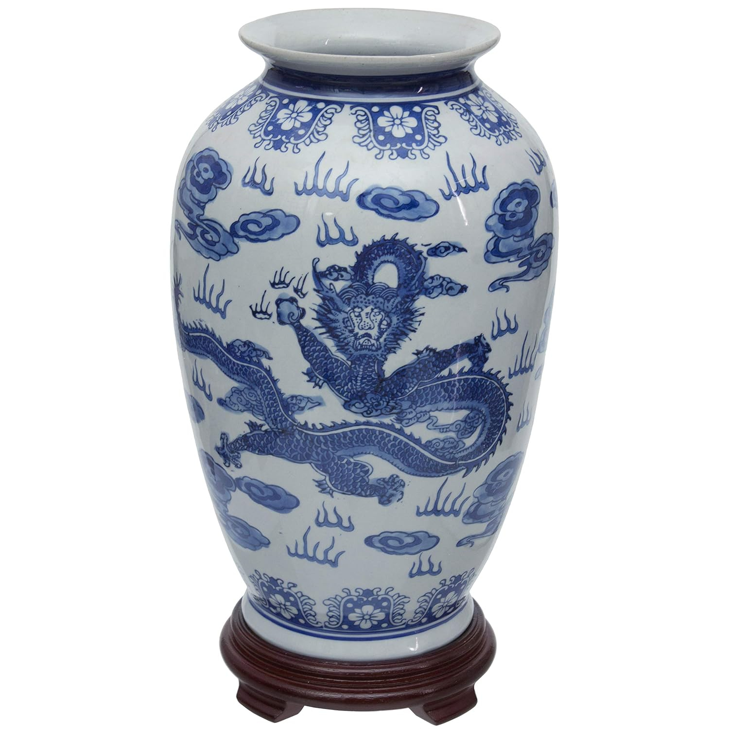 14" Dragon Blue & White Porcelain Tung Chi Vase