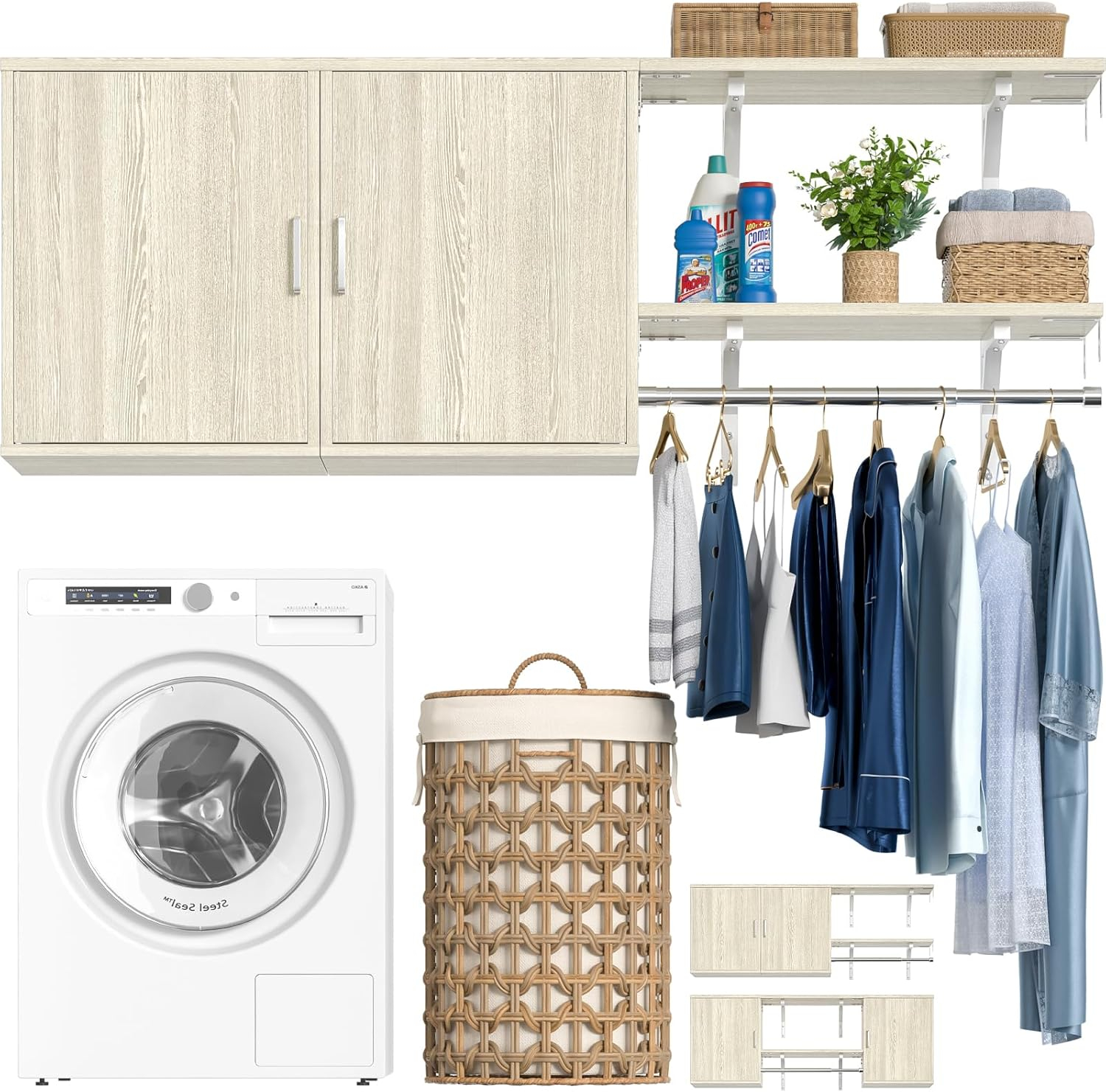 Cyclysio Wall Cabinet with Hanging Rods, 65''W Laundry Cabinet with 2 Doors & Shelves, Reversible Build-in Medicine Cabinet with Shelf Towers, Small Storage Cabinet for Laundry, Bedroom, White Oak