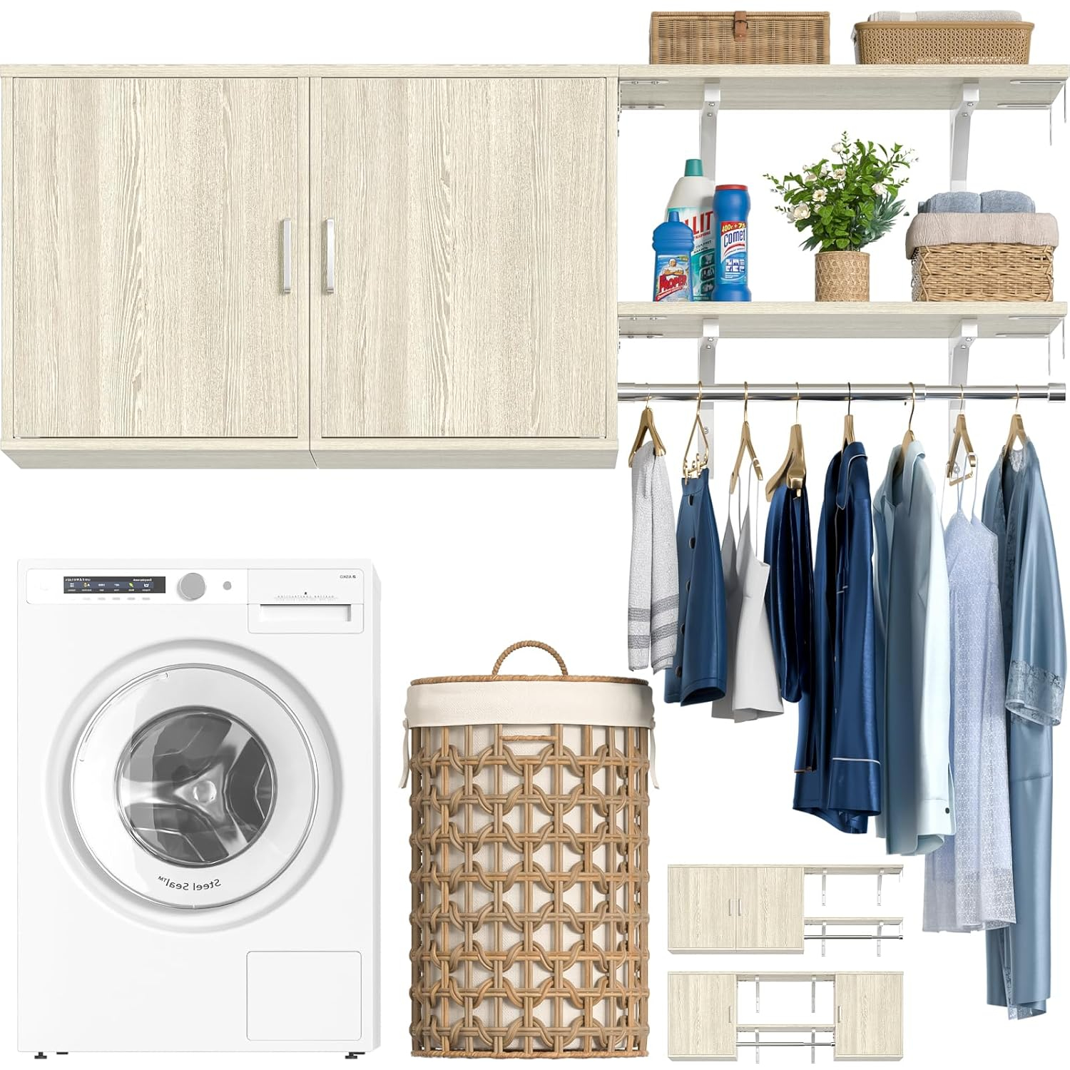 Cyclysio Wall Cabinet with Hanging Rods, 65''W Laundry Cabinet with 2 Doors & Shelves, Reversible Build-in Medicine Cabinet with Shelf Towers, Small Storage Cabinet for Laundry, Bedroom, White Oak