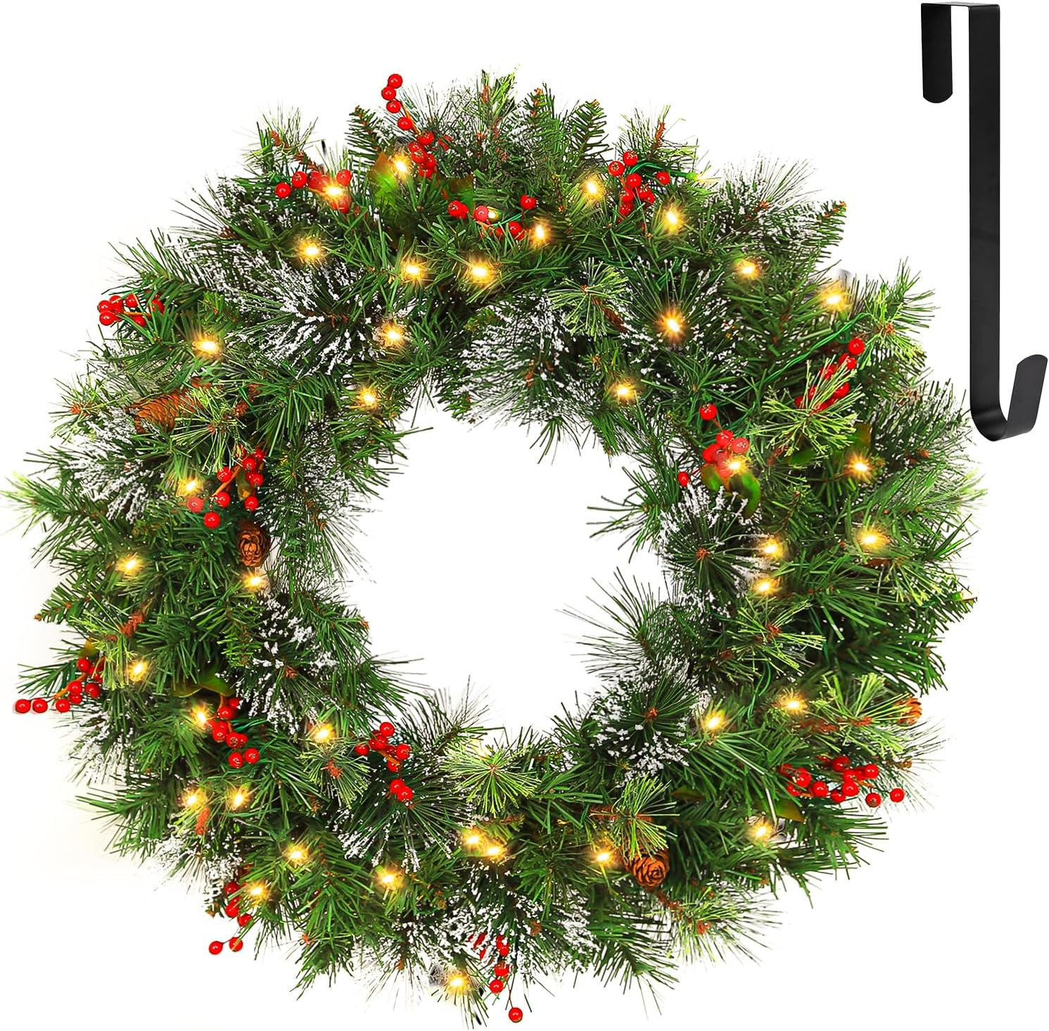 💐 Wreath door hanger 24" Pre-Lit Artificial Christmas Wreaths for Front Door Decorated with Pine Cones, Red Berries, Frosted Branches, 50 LED Lights for Indoor Outdoor Christmas Decorations