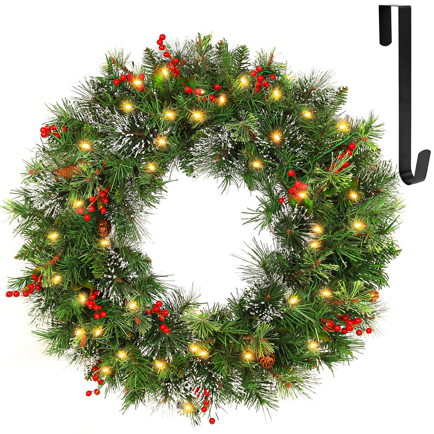 💐 Wreath door hanger 24" Pre-Lit Artificial Christmas Wreaths for Front Door Decorated with Pine Cones, Red Berries, Frosted Branches, 50 LED Lights for Indoor Outdoor Christmas Decorations