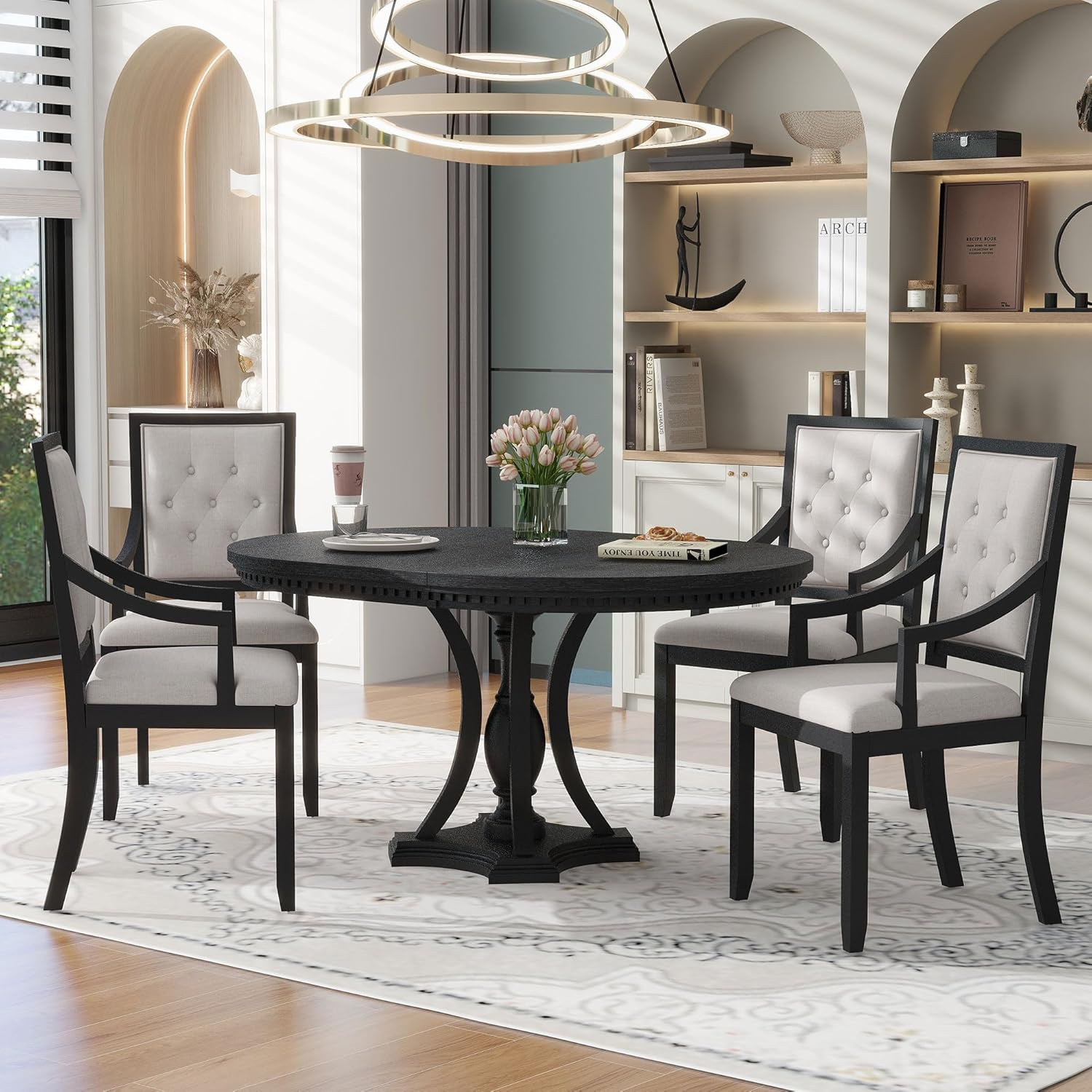 Merax Retro 5-Piece Dining Set with Extendable Round Table and 4 Chairs for Kitchen, 42-58" x 42" x 30", Black