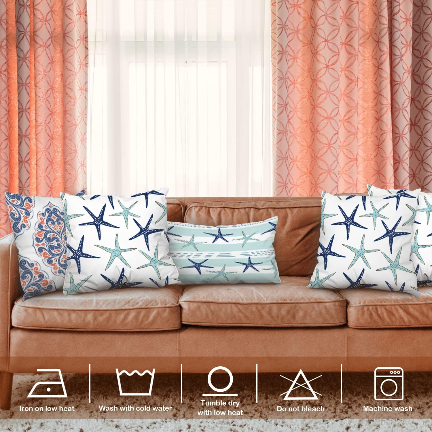 Sky Blue Nautical Starfish Throw Pillow Covers,Beachy Coastal White Navy Sea Star Cushion Cover Digital Blended Hidden Zipperl Decorative Pillowcases for Hair Skin Square 18X18 in 2 Pcs