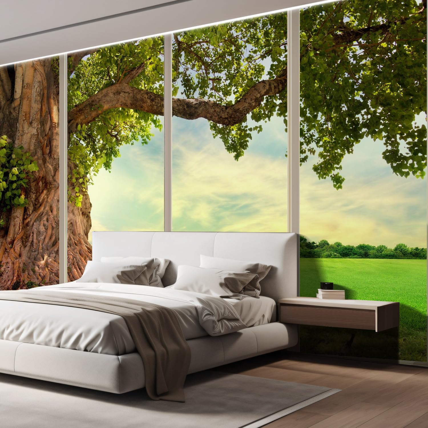 wall26 - Large Wall Mural - Old Tree and Meadow Seen Through Sliding Glass Doors | 3D Visual Effect Self-Adhesive Vinyl Wallpaper/Removable Modern Decorating Wall Art - 66"x96"