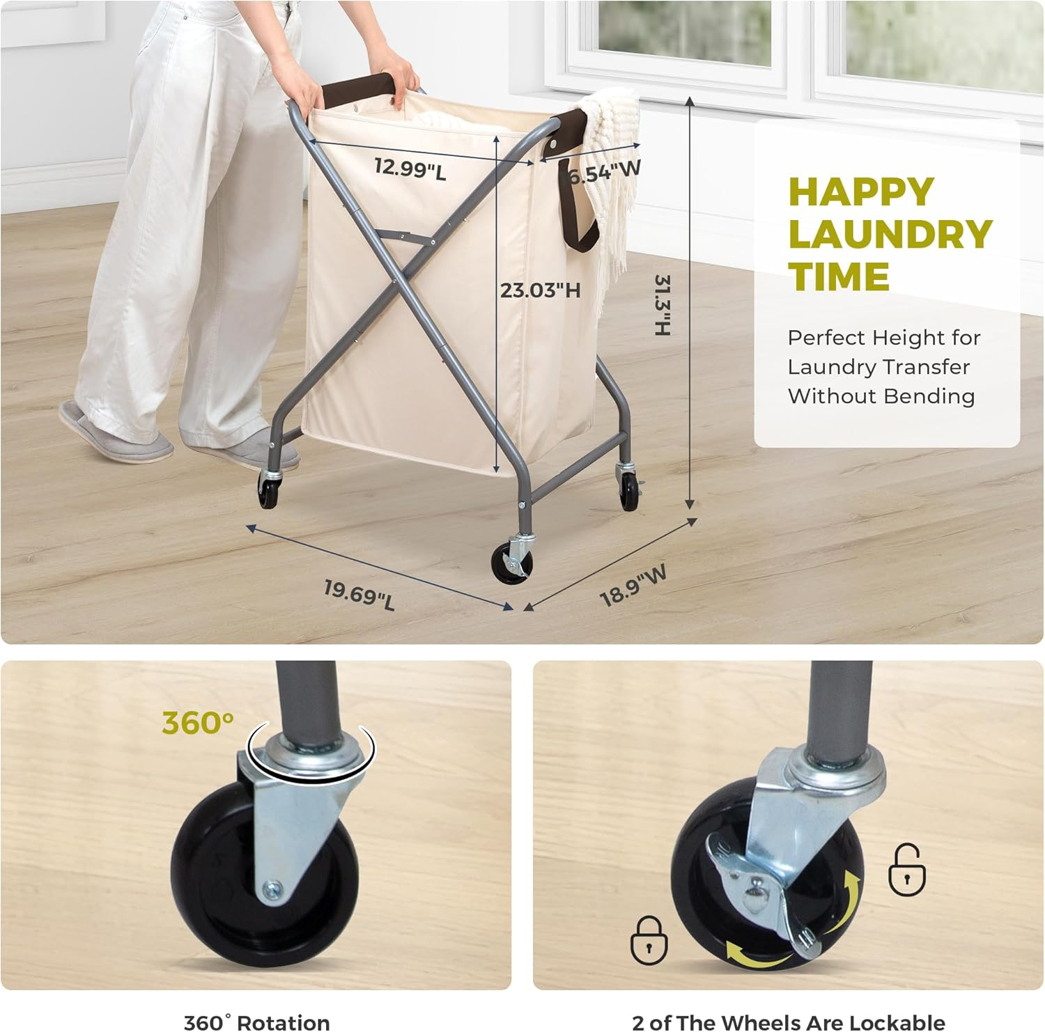 Rolling Laundry Basket with 125L Capacity, Heavy Duty Hamper with Removable Bag, 2-Section Folding X Frame Laundry Organizer Cart with Wheels for Easy Storage