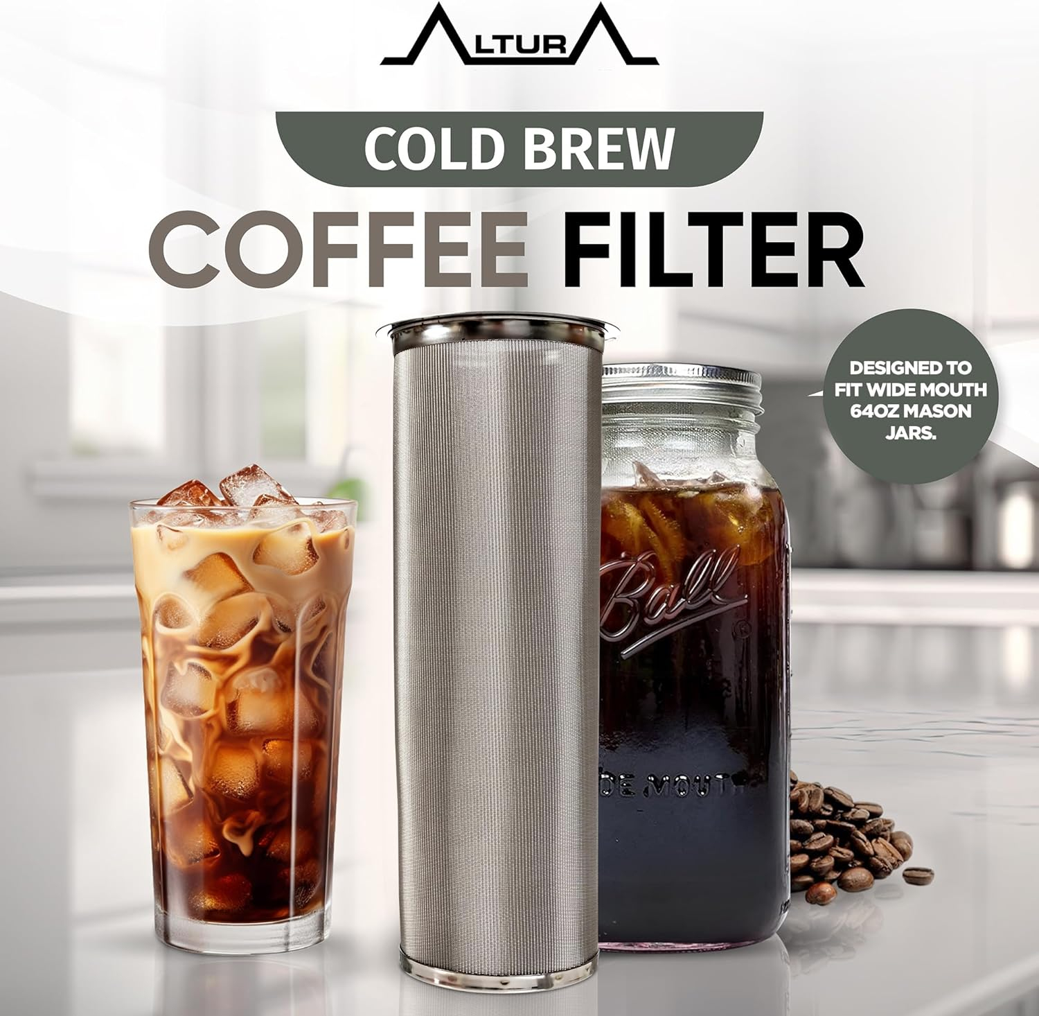 Cold Brew Coffee Maker for Wide Mouth Mason Jar - Stainless Steel Iced Coffee Cold Brew Filter & Infuser Maker for Tea & Fruit Water -Versatile Mason Jar Coffee Brewer & Tea Strainer Kit (64oz/2qt)