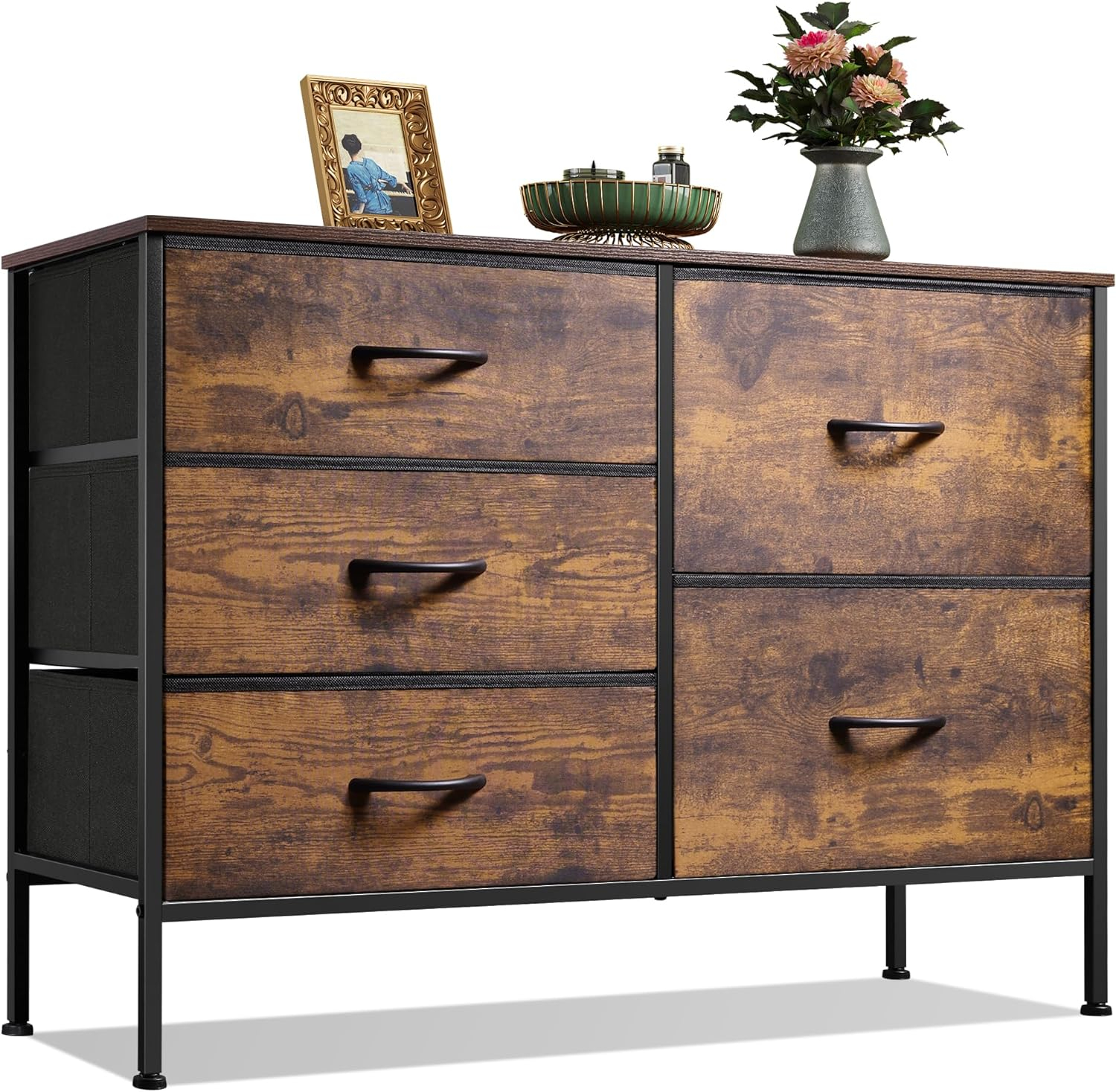 WLIVE Dresser for Bedroom with 5 Drawers, Wide Chest of Drawers for Bedroom, Fabric Dresser for Living Room, Closet, Hallway, Rustic Brown Wood Grain Print