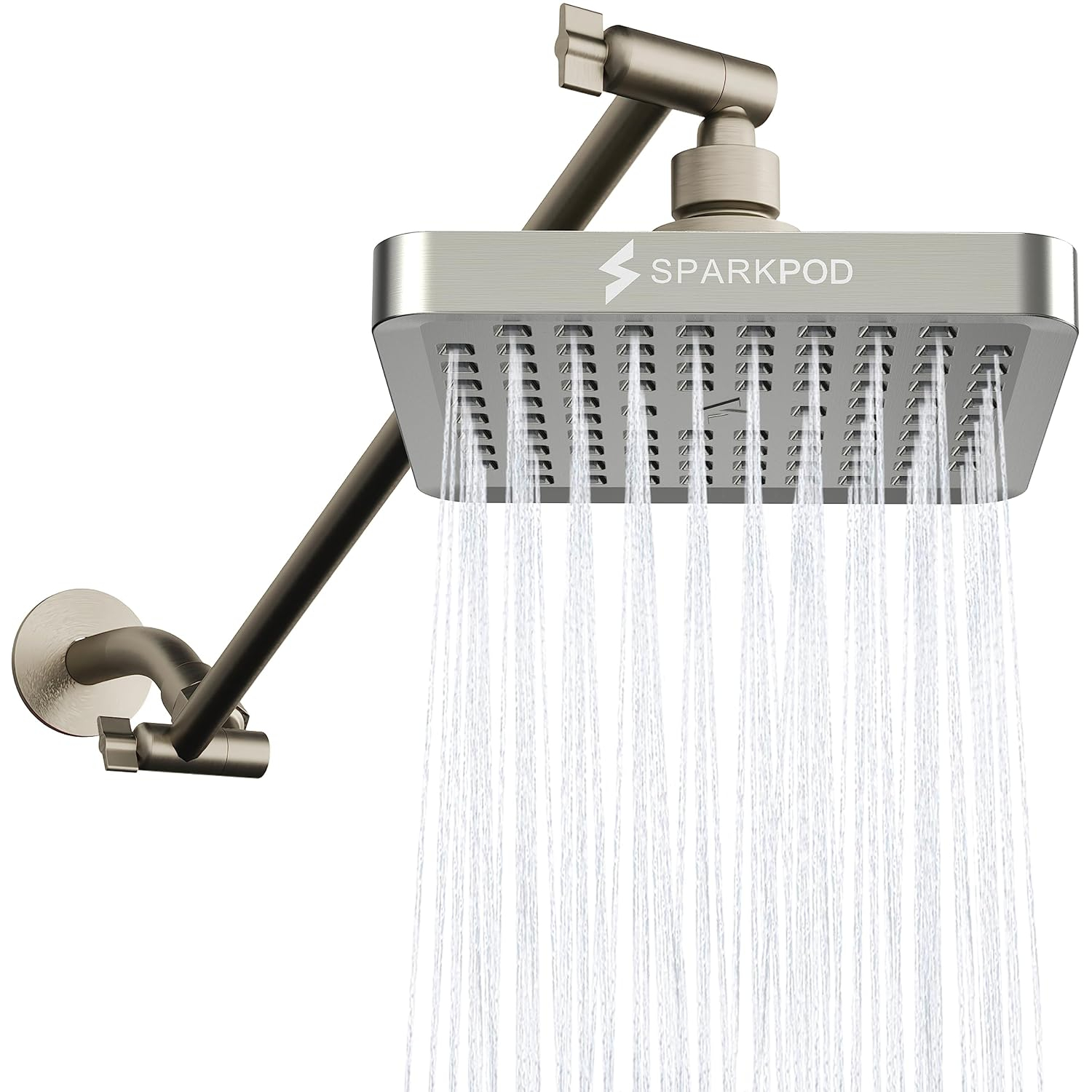 SparkPod Square Rain Shower Head with Shower Head Extension Arm - High Pressure Rain - Luxury Modern Look - No Hassle Tool-less 1-Min Installation (16" Shower Arm Extension, Elegant Brushed Nickel)