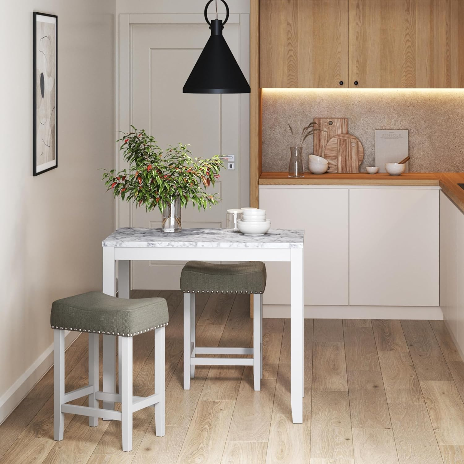 38&#34; Solid Wood Pub Dining Table and Stool Set White Marble/Light Gray Linen - Nathan James